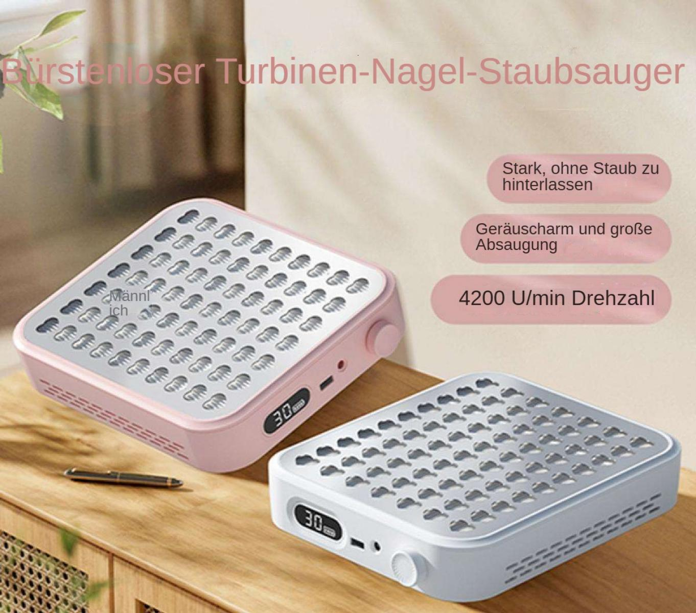 Zwei Nagelstaubabsauger, rosa und weiß, auf einer Holzoberfläche. Text enthält '4200 U/min Drehzahl' und '30'.