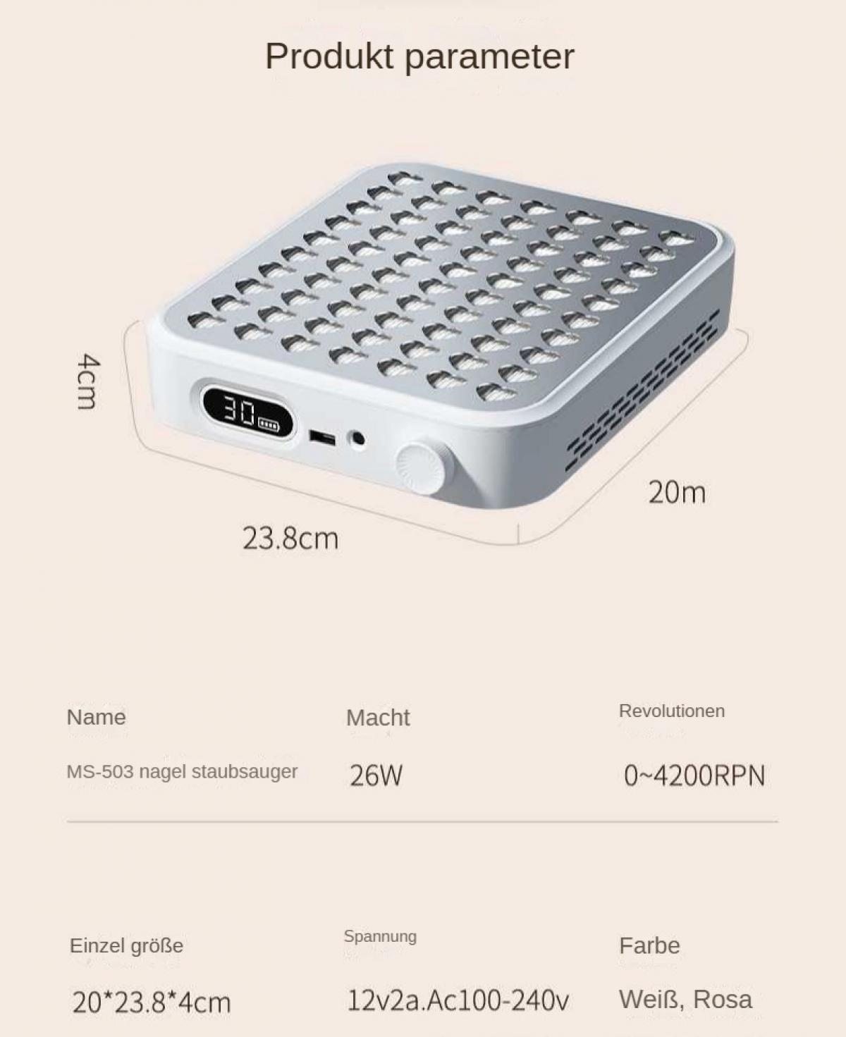 Ein weißer und silberner Nagelstaubsauger. Abmessungen und Spezifikationen werden angezeigt. Text enthält 'Produktparameter' und Produktdetails.