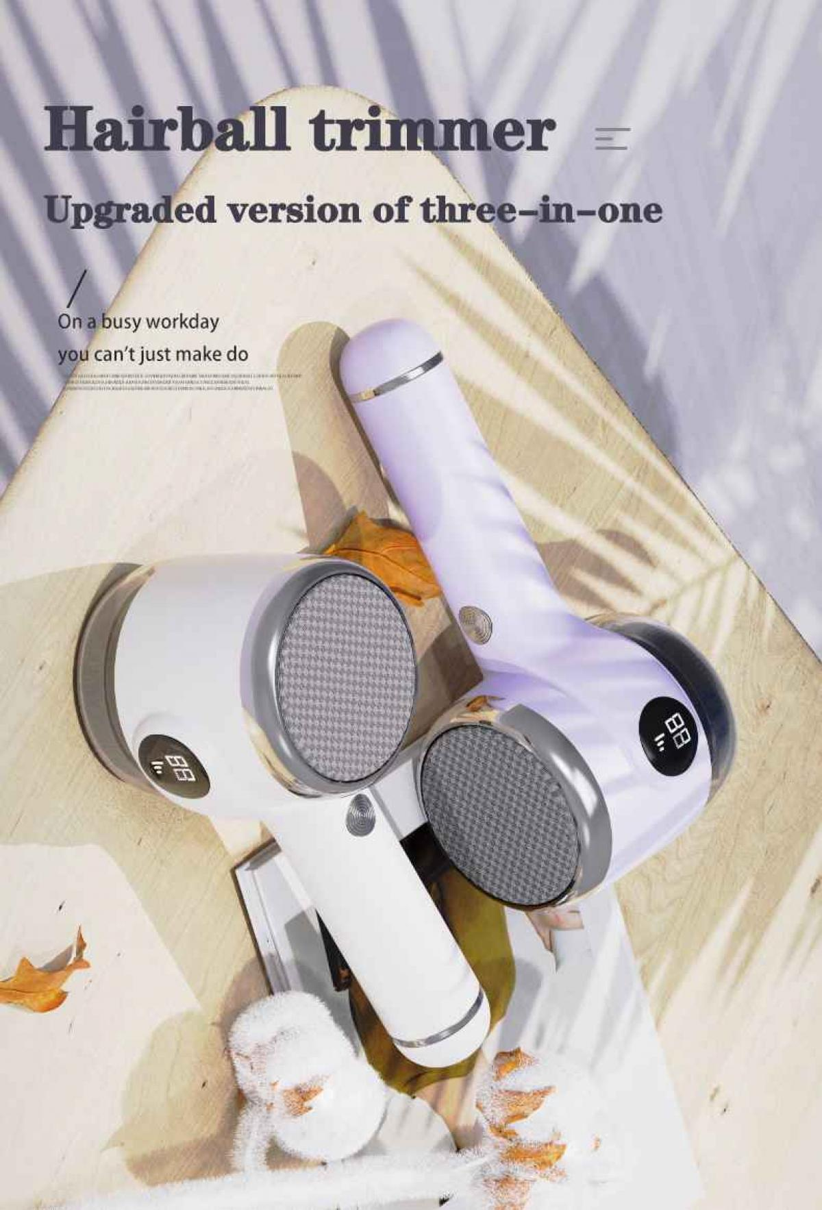 Das Bild zeigt drei Fusselrasierer, zwei weiße und einen lila, auf einer Holzoberfläche. Der Text lautet "Hairball trimmer".