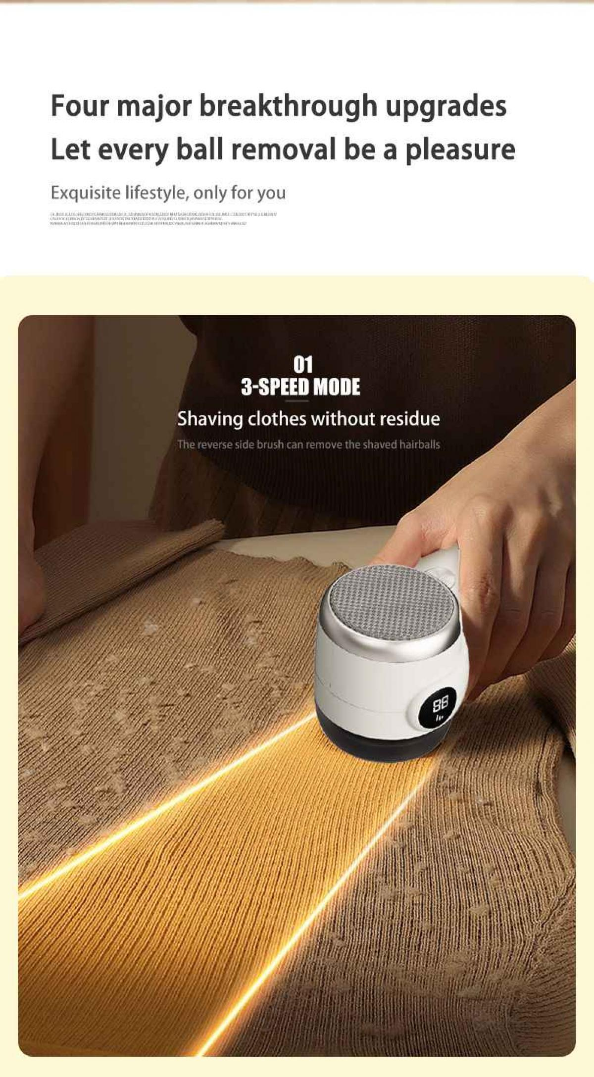 Ein weißer Stoffrasierer auf einem braunen Pullover. Text: 3-SPEED-MODUS, Rasieren von Kleidung ohne Rückstände.