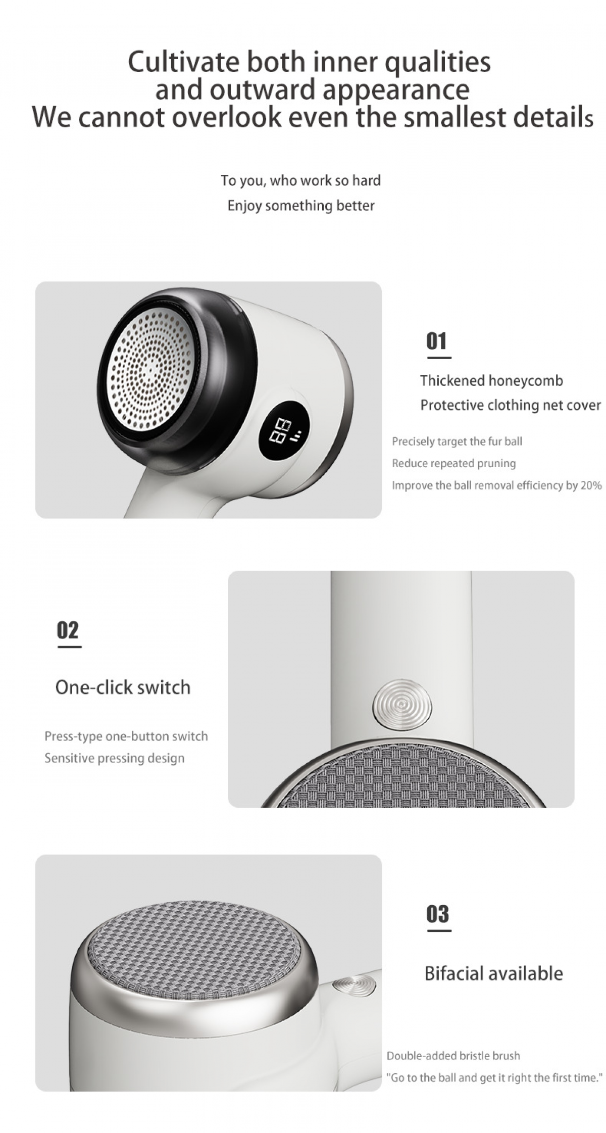 Ein weißer und schwarzer Stoffrasierer mit Digitalanzeige. Text enthält Merkmale und Vorteile des Produkts.