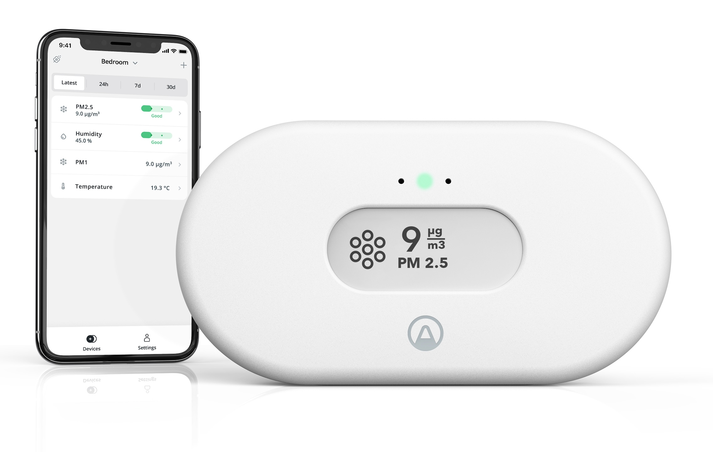 Ein weißer Luftqualitätsmonitor mit einem Telefon, das Messwerte anzeigt. Der Monitor zeigt den PM2,5-Wert an.