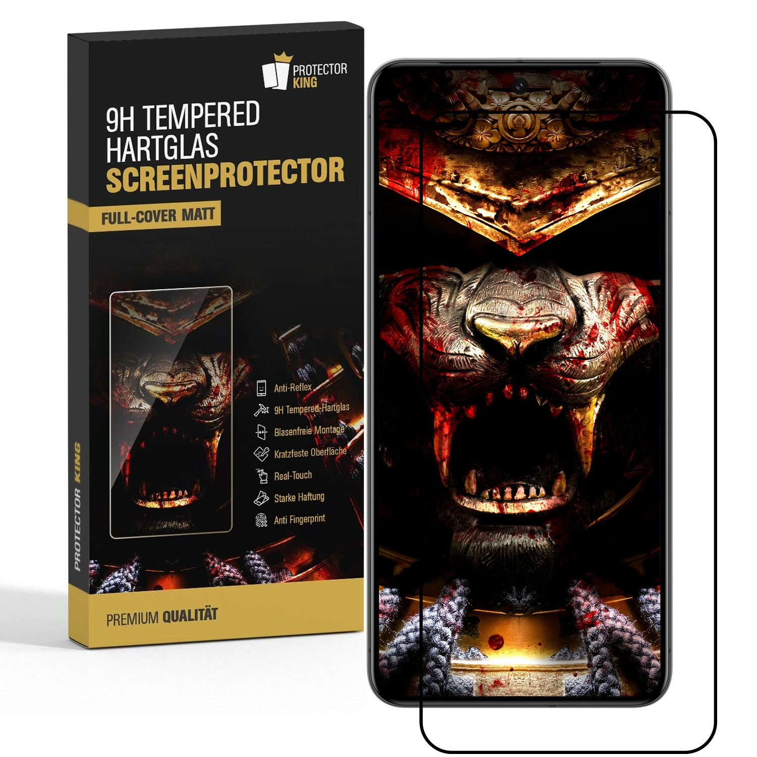 Eine Handy-Displayschutzfolie-Box mit einem Telefon, das ein Löwenbild anzeigt. Text auf der Box enthält '9H Tempered Hartglas Screenprotector'.