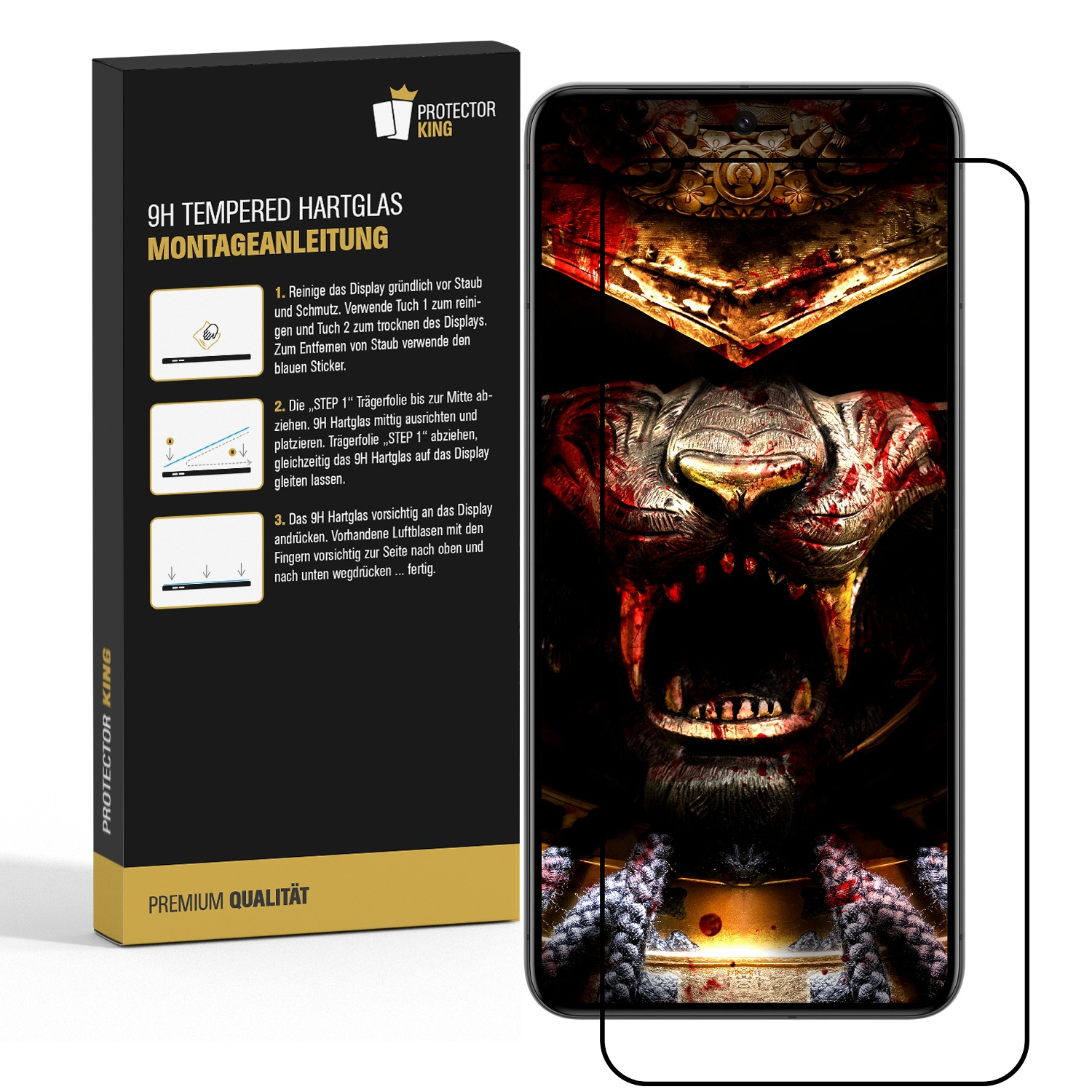 Ein Telefon mit Displayschutzfolie, das ein Tigerbild zeigt. Die Box links enthält Anweisungen zum Anbringen des Schutzes.