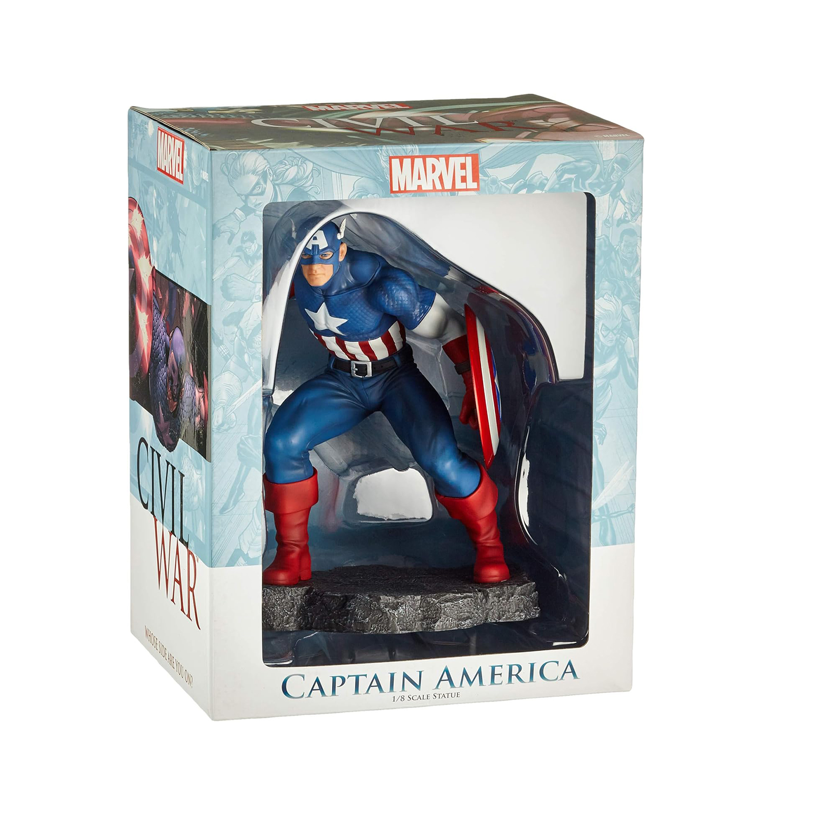 Captain America Figur in der Box. Blaues, rotes und weißes Kostüm. Schild haltend. Box sagt 'Civil War' und 'Marvel'.