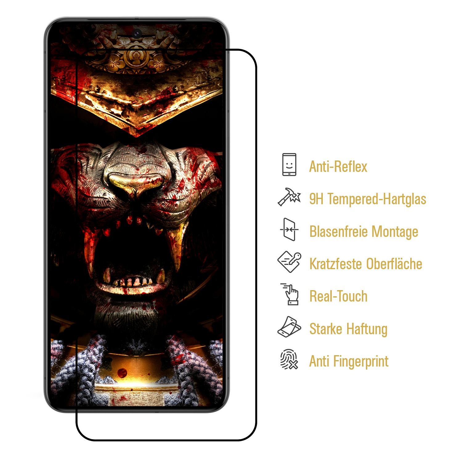 Ein Handy-Bildschirmschutz mit einem wilden Tigerdesign, blutroten Akzenten und Funktionen auf der Seite.