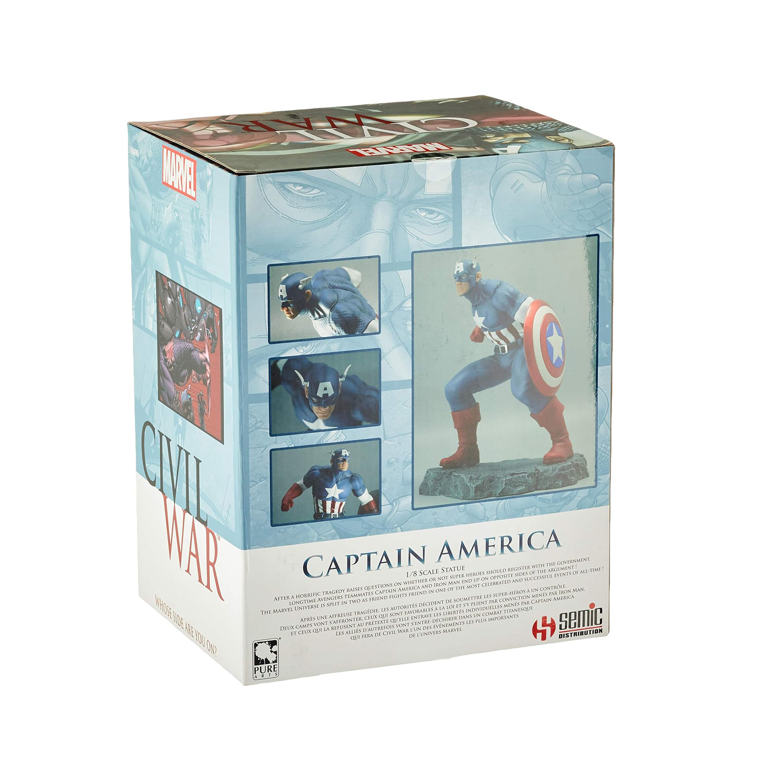 Eine Captain-America-Statue in einer Box. Die Box zeigt Bilder der Figur und den Text 'Civil War'.