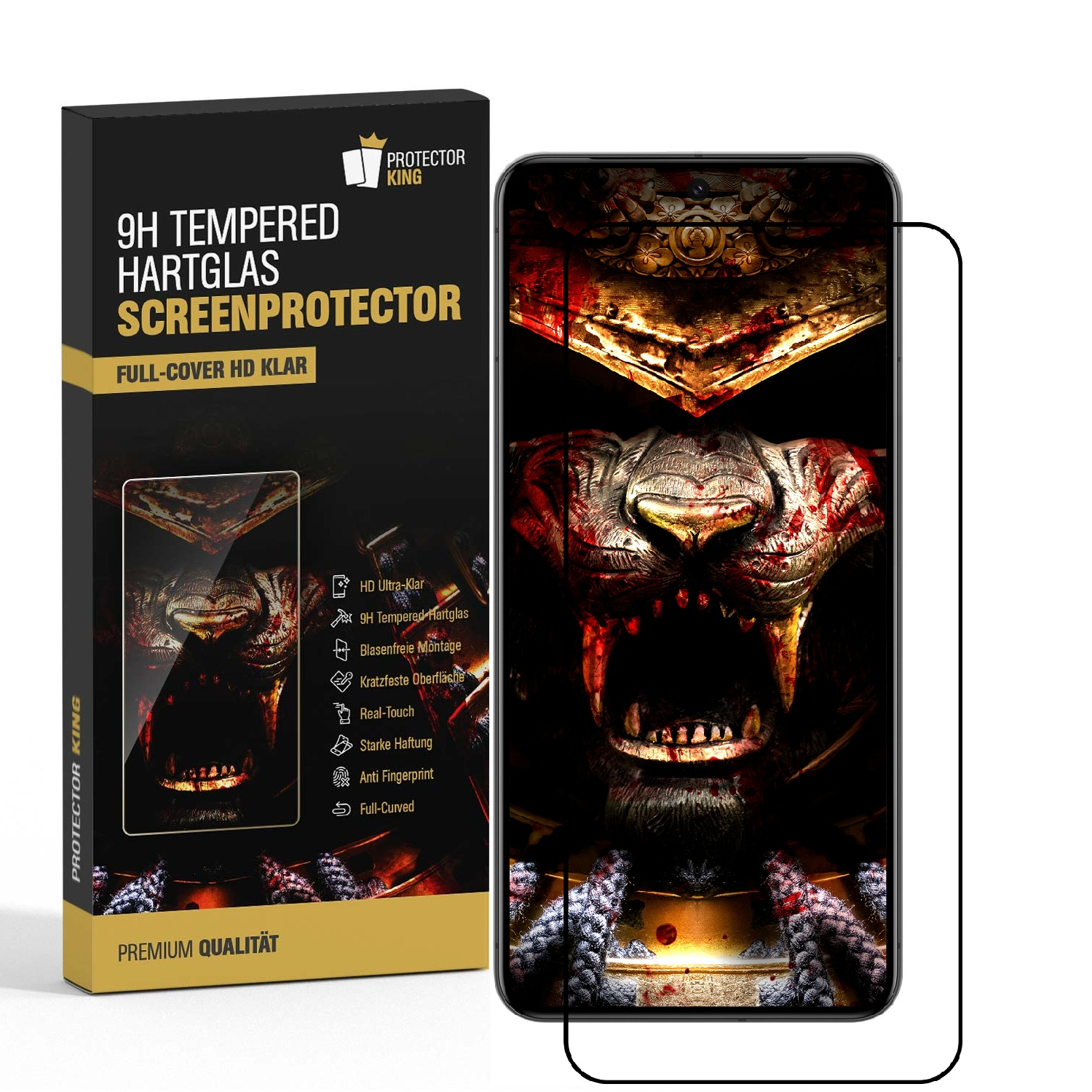Eine Handy-Displayschutzbox und ein Telefon. Der Bildschirm zeigt ein tigerähnliches Gesicht mit blutigem Horror-Design.