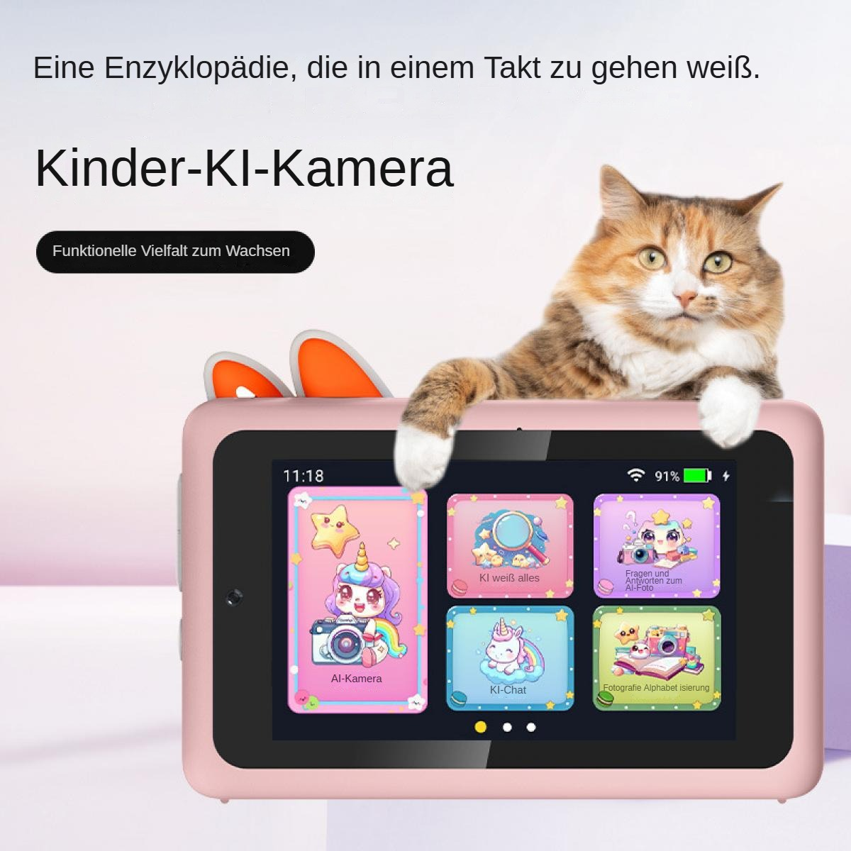 Ein rosa Tablet mit Katzenohren und einer Katze. Der Bildschirm zeigt bunte Symbole und Text. Das Tablet ist mit Kinder-KI-Kamera beschriftet.