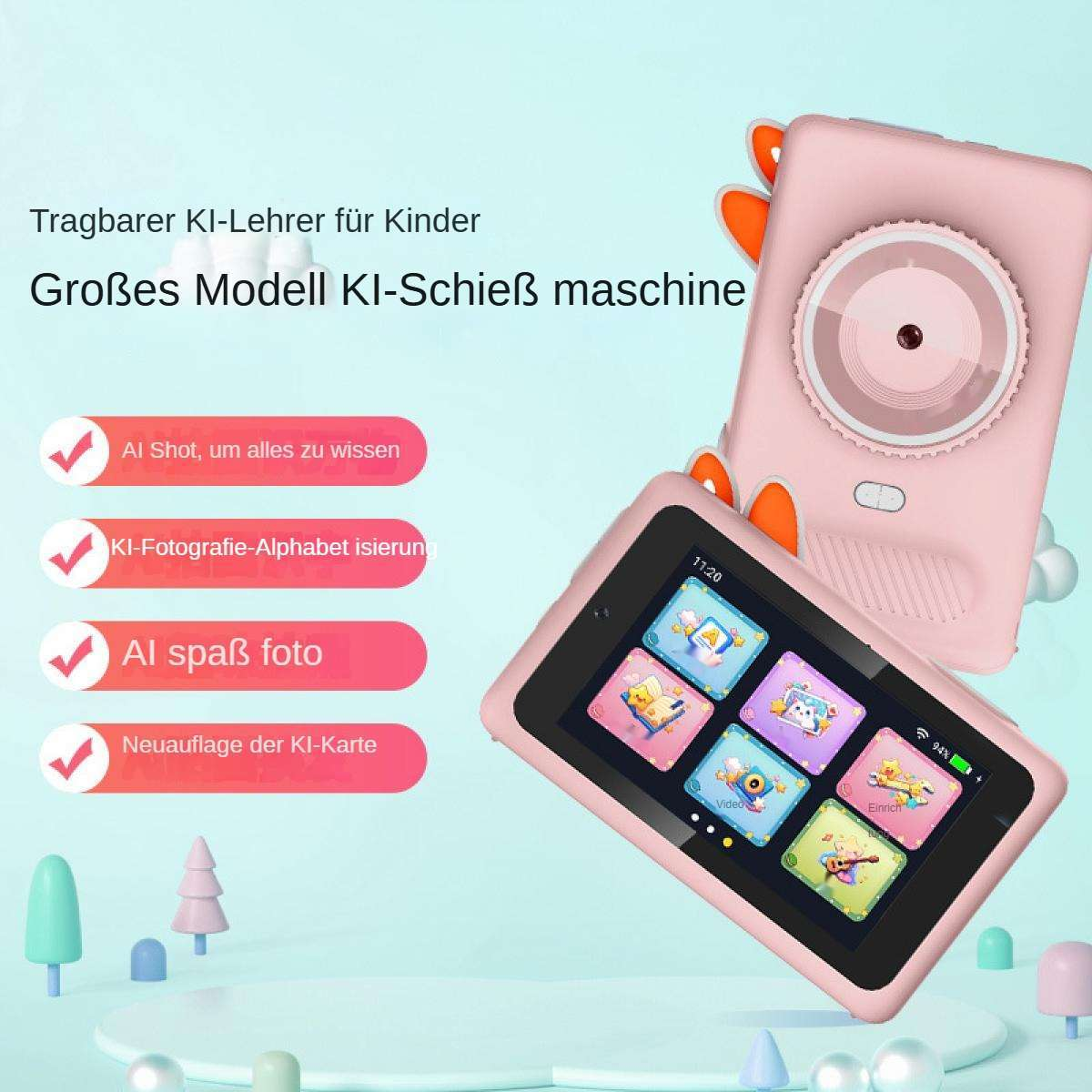 Eine rosa Kinderkamera mit Bildschirm zeigt Symbole. Text erwähnt KI-Funktionen. Die Kamera hat orangefarbene Akzente und ein dinosaurierähnliches Design.