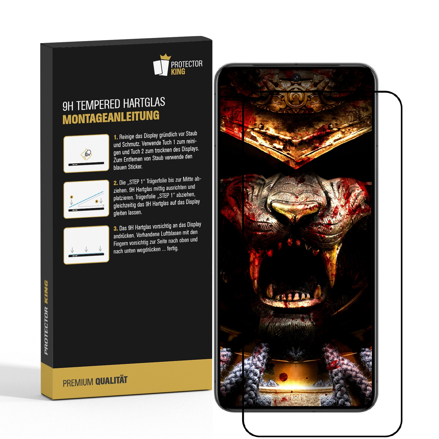 Ein Telefon mit Displayschutzfolie, mit einer Darstellung eines wilden Löwen. Die Box zeigt Installationsanweisungen.