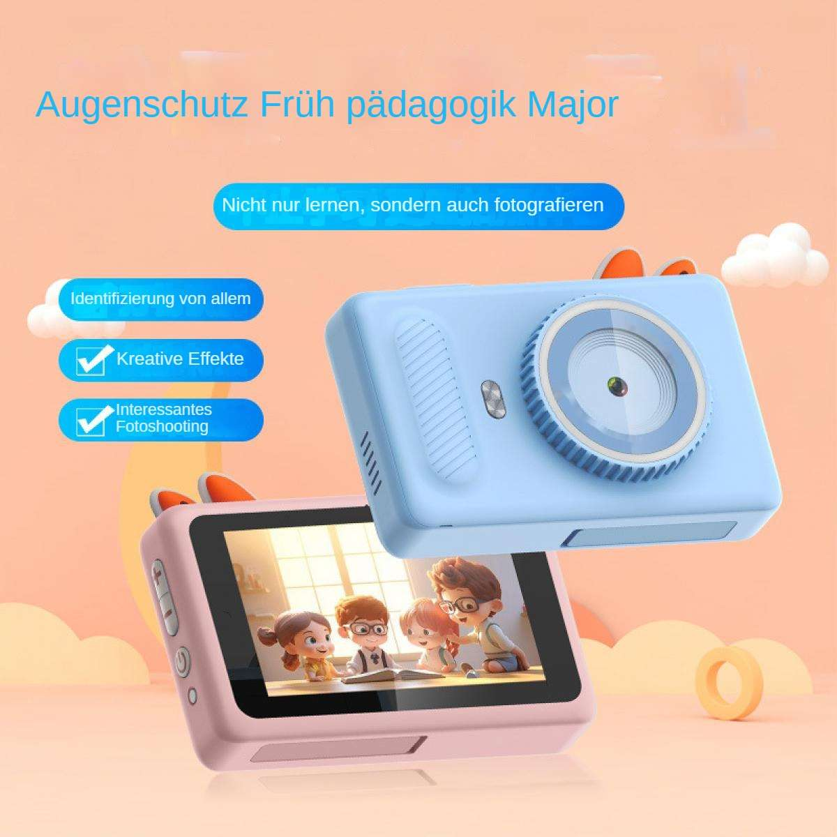 Eine rosa und blaue Kinderkamera mit Cartoon-Bildern. Es gibt Textblasen mit verschiedenen Funktionen. Der Hintergrund ist pfirsichfarben.