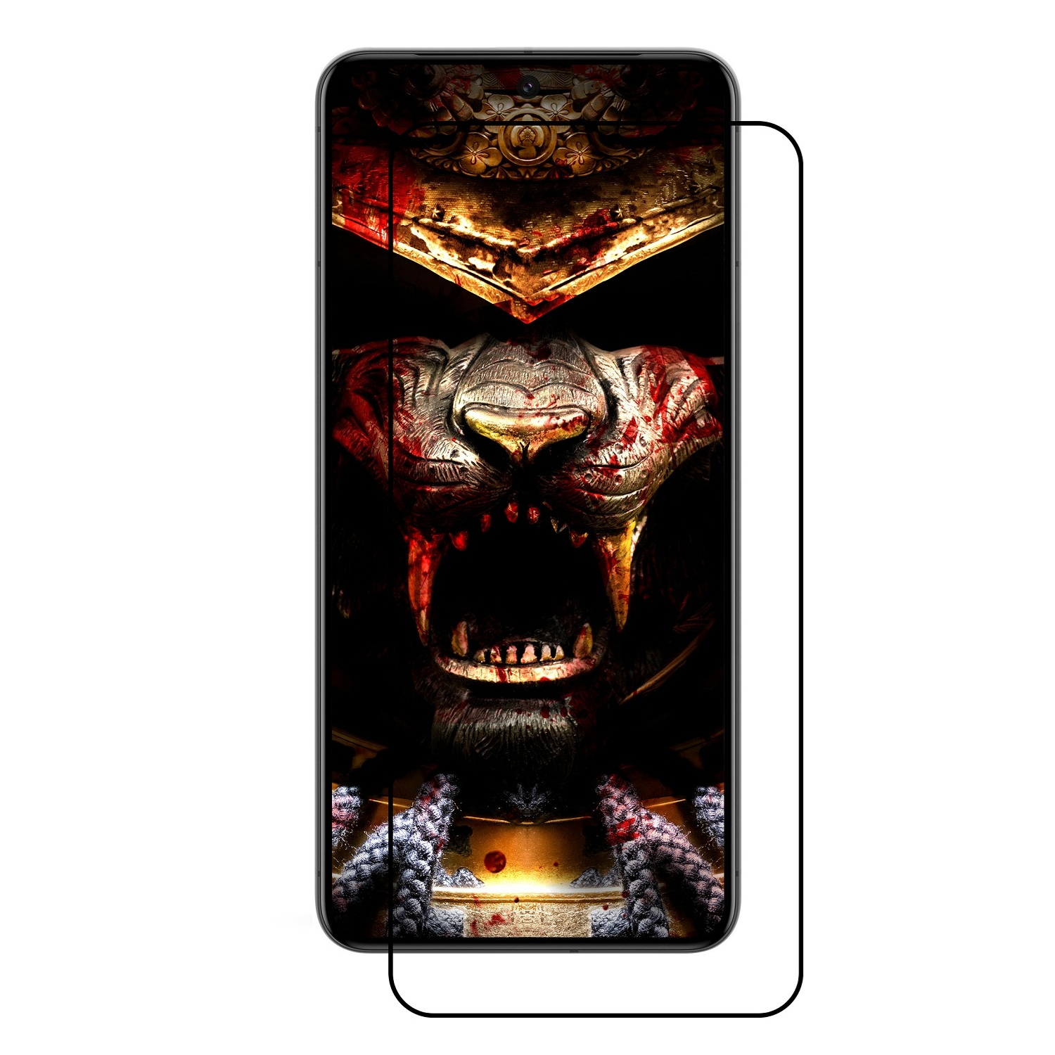 Ein Telefon zeigt ein wildes löwenartiges Wesen mit blutigem Maul vor einem dunklen, verzierten Hintergrund, was auf ein Kriegerthema hindeutet.