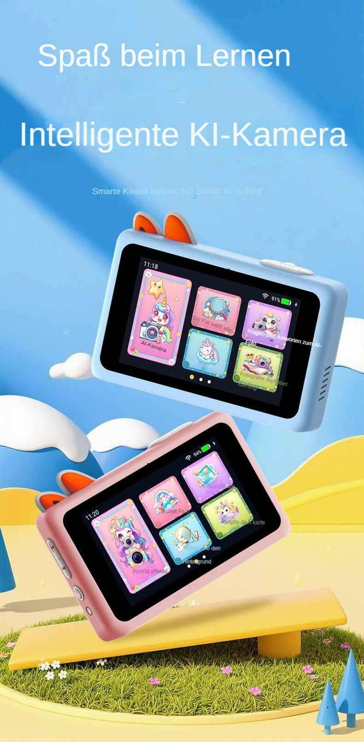 Zwei farbenfrohe Kinderkameras mit Cartoon-Oberflächensymbolen. Blauer Himmel Hintergrund mit weißen Wolken und gelber Bank.