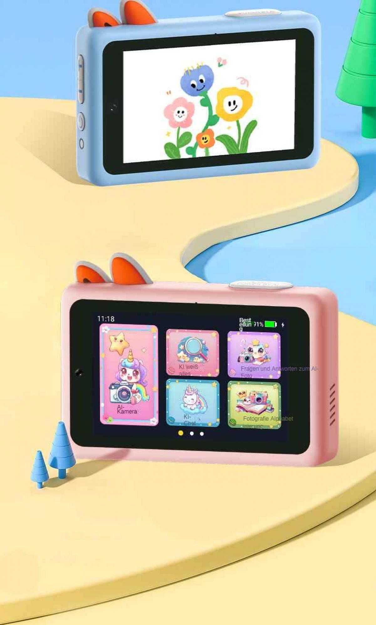 Zwei Spielzeug-Tablets, eines blau und eines rosa. Das blaue hat Blumen auf dem Bildschirm, das rosa Apps. Beide haben Ohren.