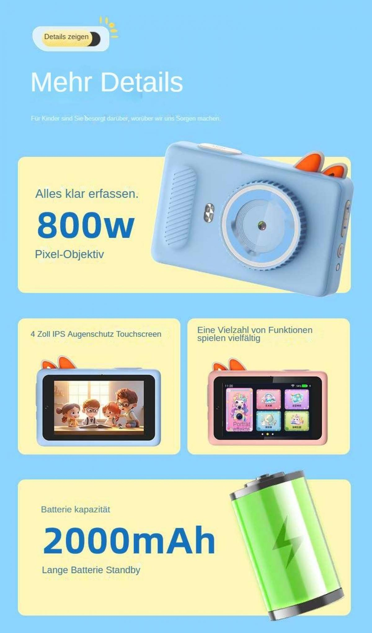 Eine blaue Kinderkamera mit orangefarbenen Akzenten, mit Bildschirm und grüner Batterie. Text hebt 800w Pixel und 2000mAh Batterie hervor.