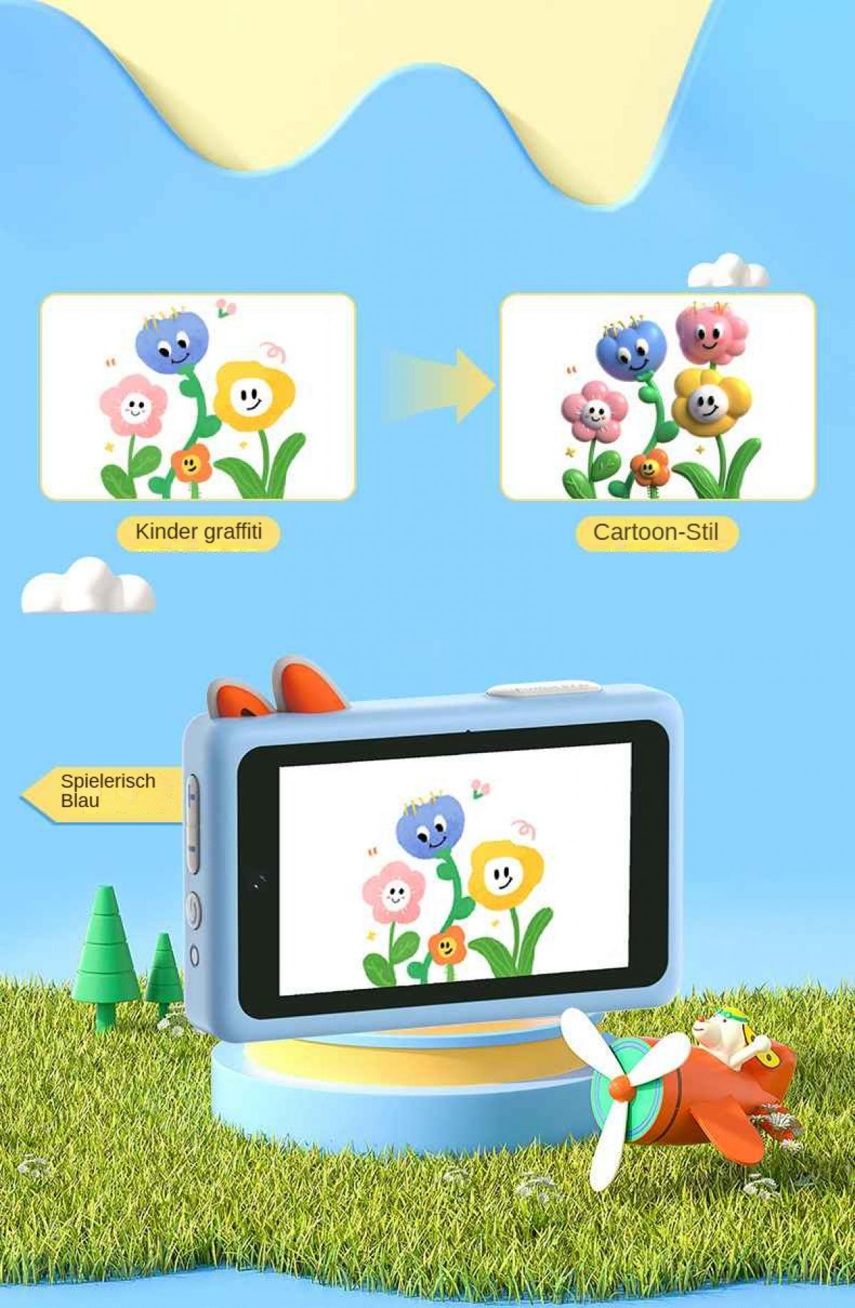 Eine blaue Kinderkamera mit Cartoon-Blumen auf dem Bildschirm. Ein Spielzeugflugzeug und grünes Gras im Vordergrund.