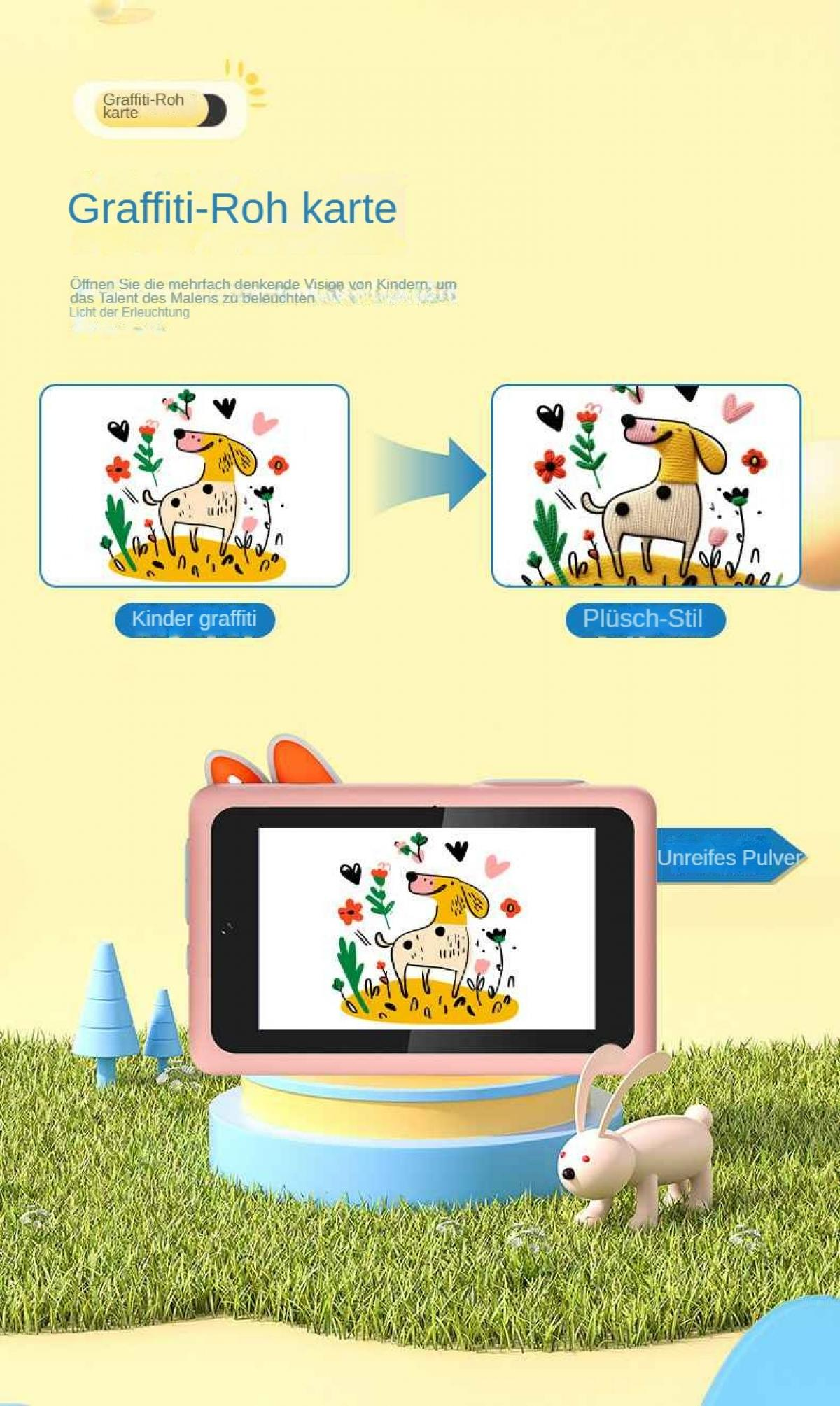 Das Bild zeigt einen Hunde-Cartoon mit Blumen. Es gibt ein Tablet, ein Kaninchen und eine Illustration von Hunden. Der Hintergrund ist grün.