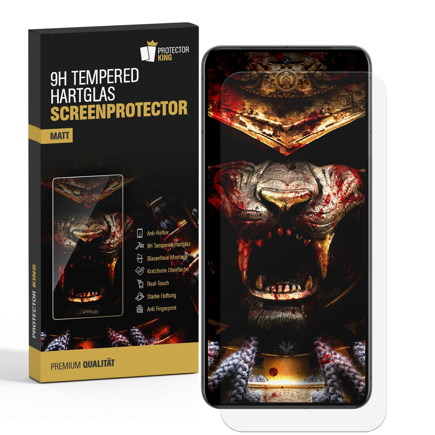 Ein Telefon mit Displayschutz, eine Box mit Text und ein Löwenkopf-Bild auf dem Bildschirm, ein Protector King Logo.