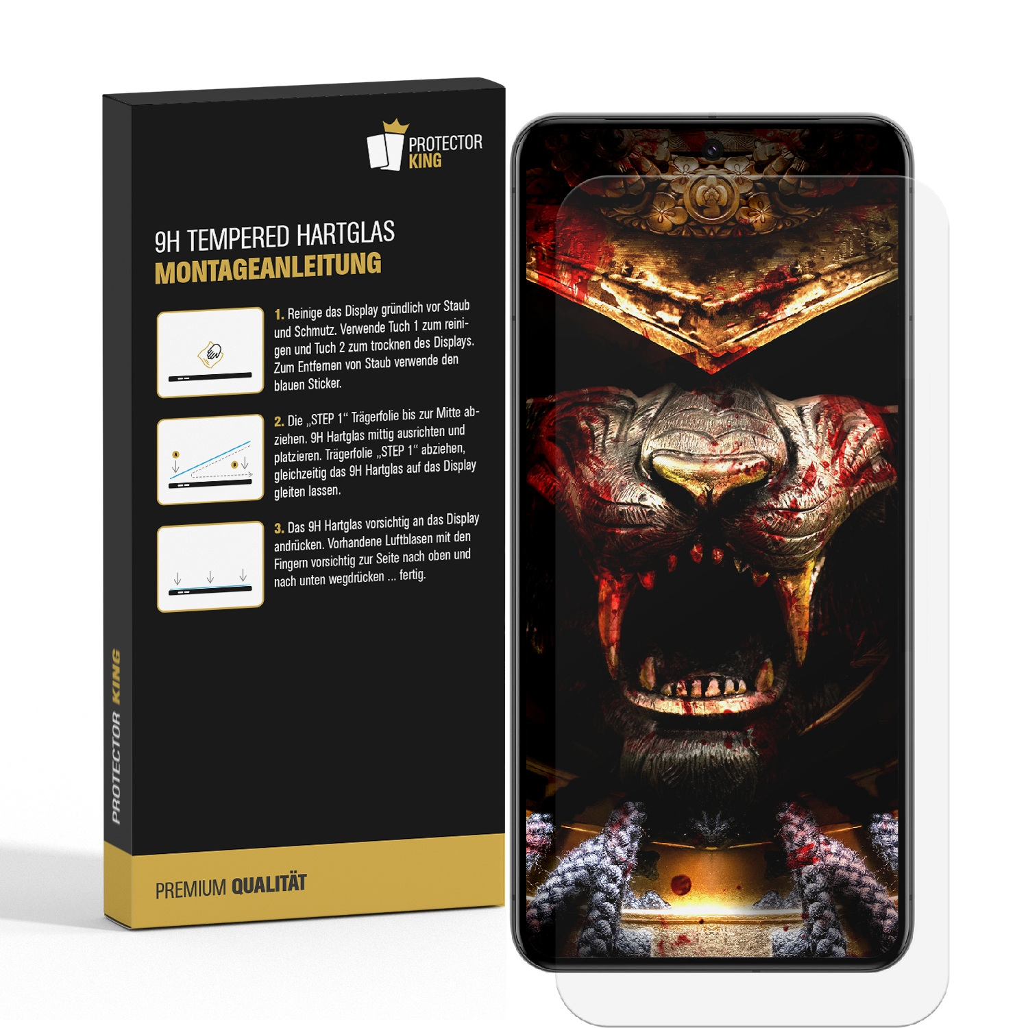 Eine Verpackung für einen Displayschutz mit Installationsanweisungen. Das Telefon zeigt ein detailliertes Bild eines Löwenkopfes.