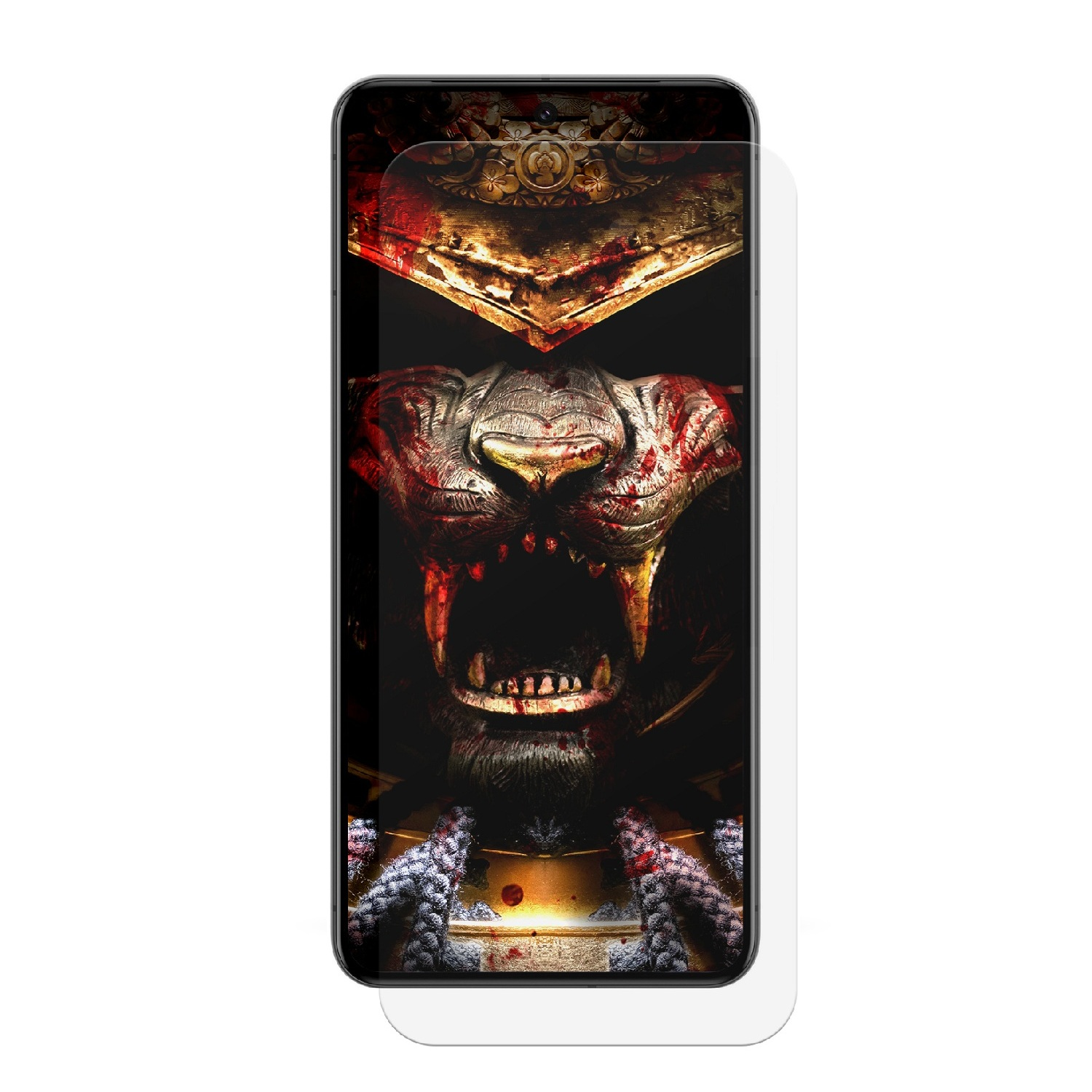 Ein Smartphone zeigt eine Nahaufnahme eines furchterregenden, blutigen Tiergesichts. Der Hintergrund ist dunkel, und das Tier befindet sich in der Mitte.