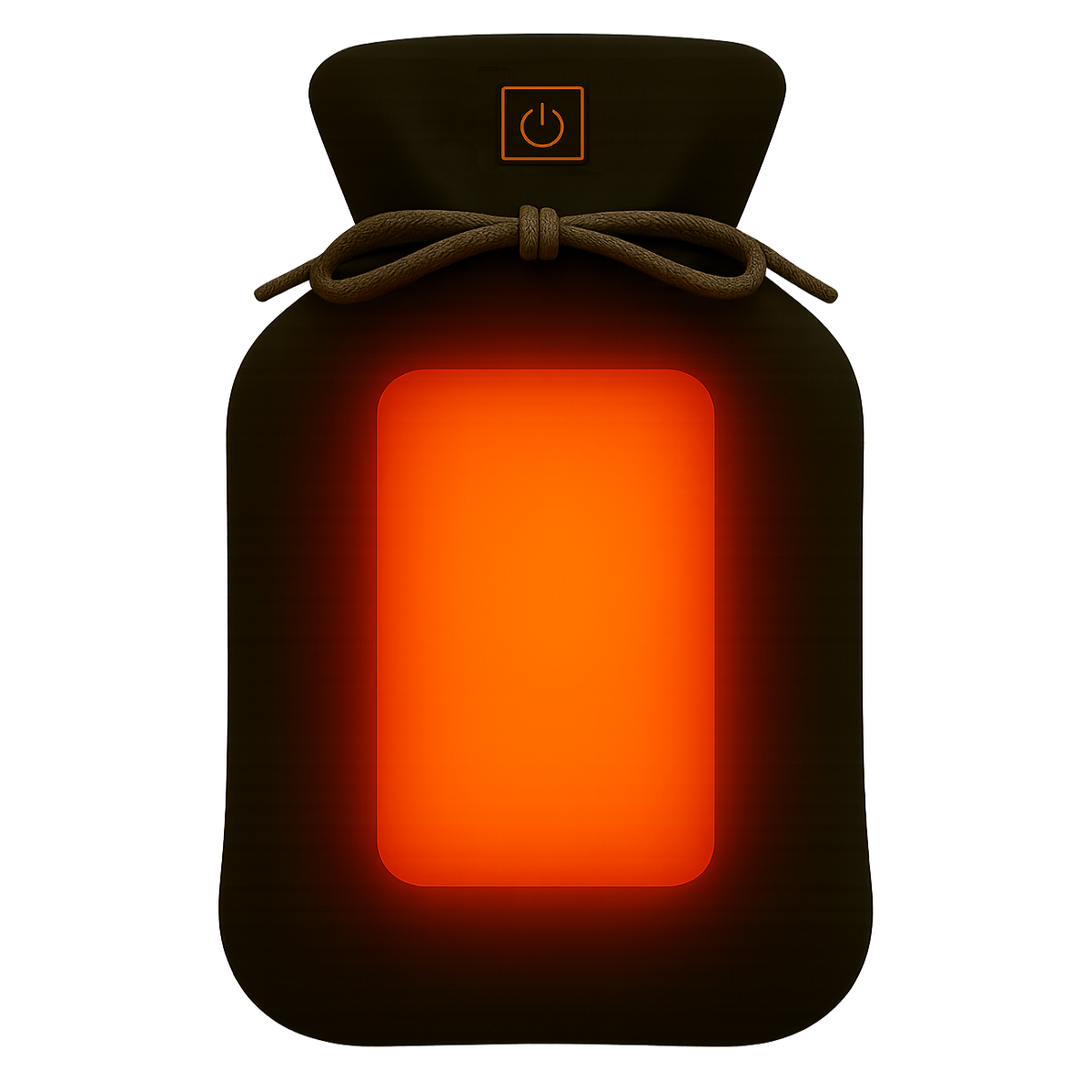 Dunkelbraune Tasche mit leuchtend orangefarbenem Rechteck in der Mitte. Oben befindet sich ein Power-Knopf. Die Tasche ist mit einem Seil gebunden.