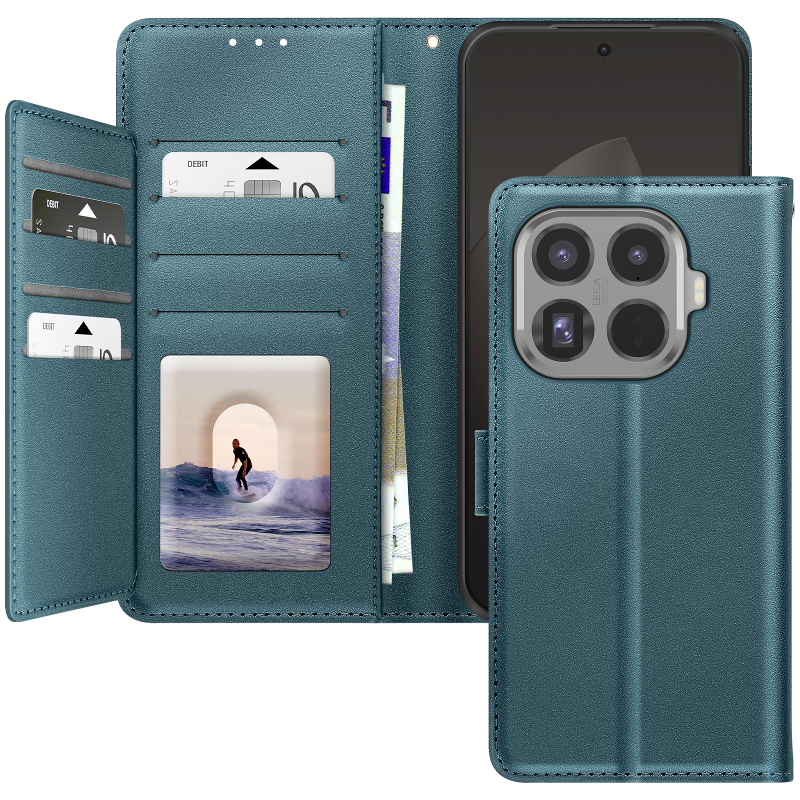Türkisfarbene Handyhülle mit Geldbörse. Im Inneren sind Debitkarten, Geld und ein Surferfoto sichtbar. Rechts ein Telefon.