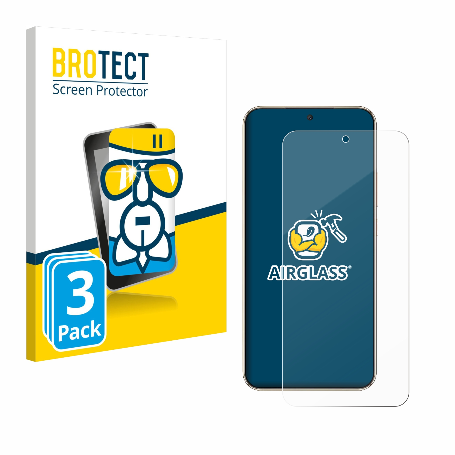 Ein Telefon und ein Displayschutz befinden sich neben einer Produktbox. Auf der Box wird ein Displayschutzpaket mit einer Telefongrafik beworben.
