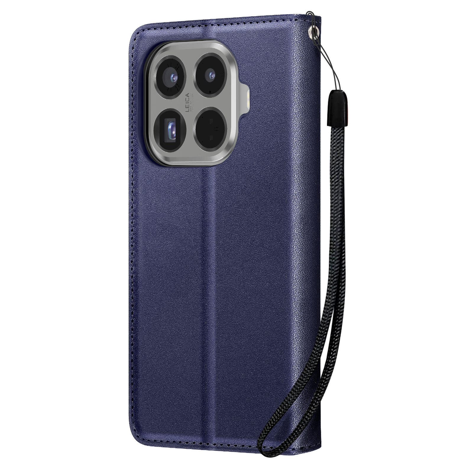 Una custodia per telefono blu scuro con un modulo fotocamera Leica e un cordino nero. La custodia è su sfondo bianco.