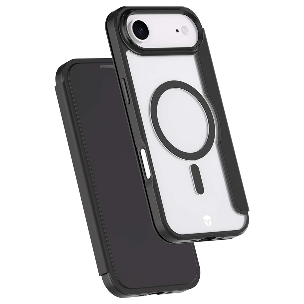 Custodia per telefono nera e trasparente con un telefono all'interno. La custodia ha un ritaglio per la fotocamera e un design circolare.