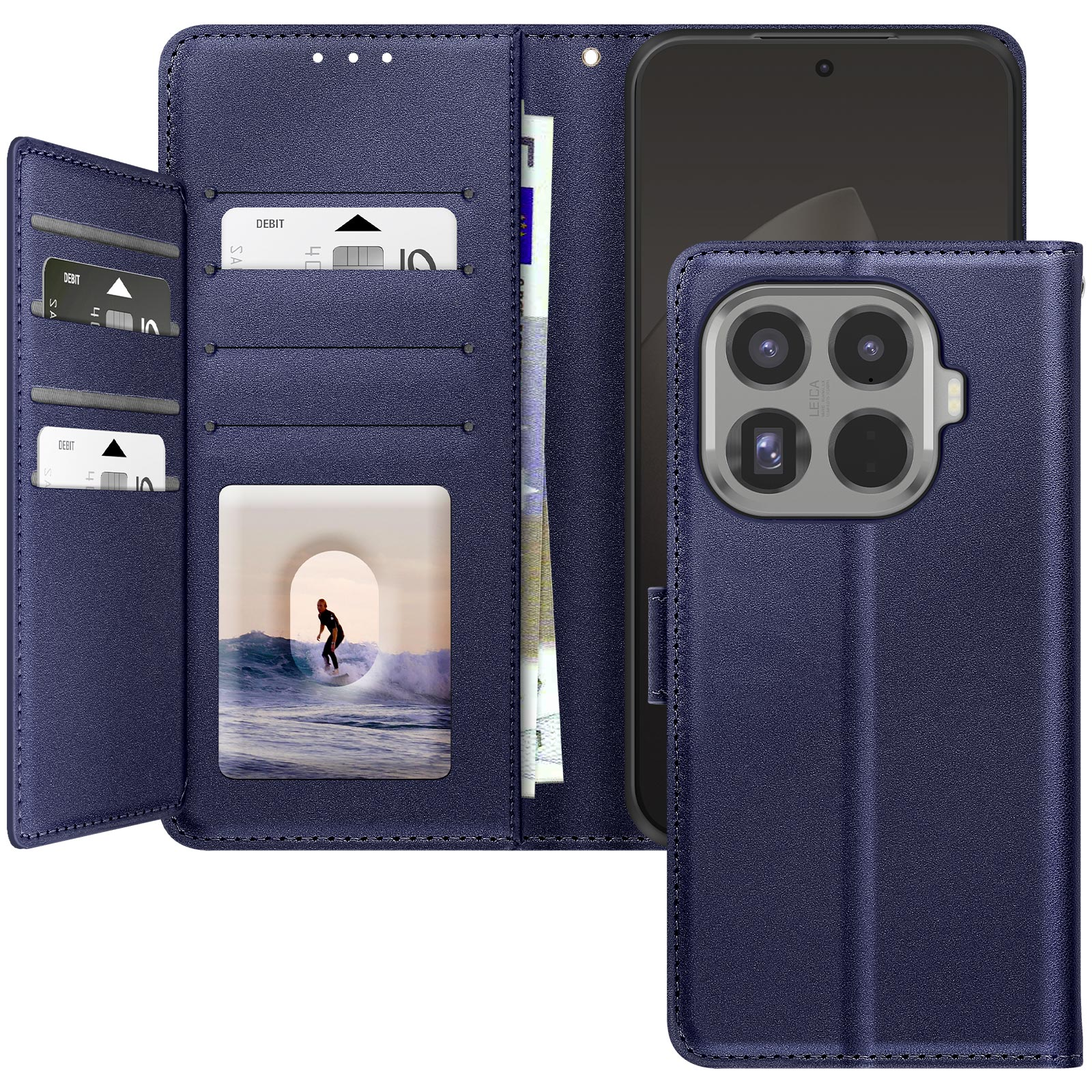 Custodia blu aperta, mostra carte, denaro e foto di surfista. Telefono a destra.
