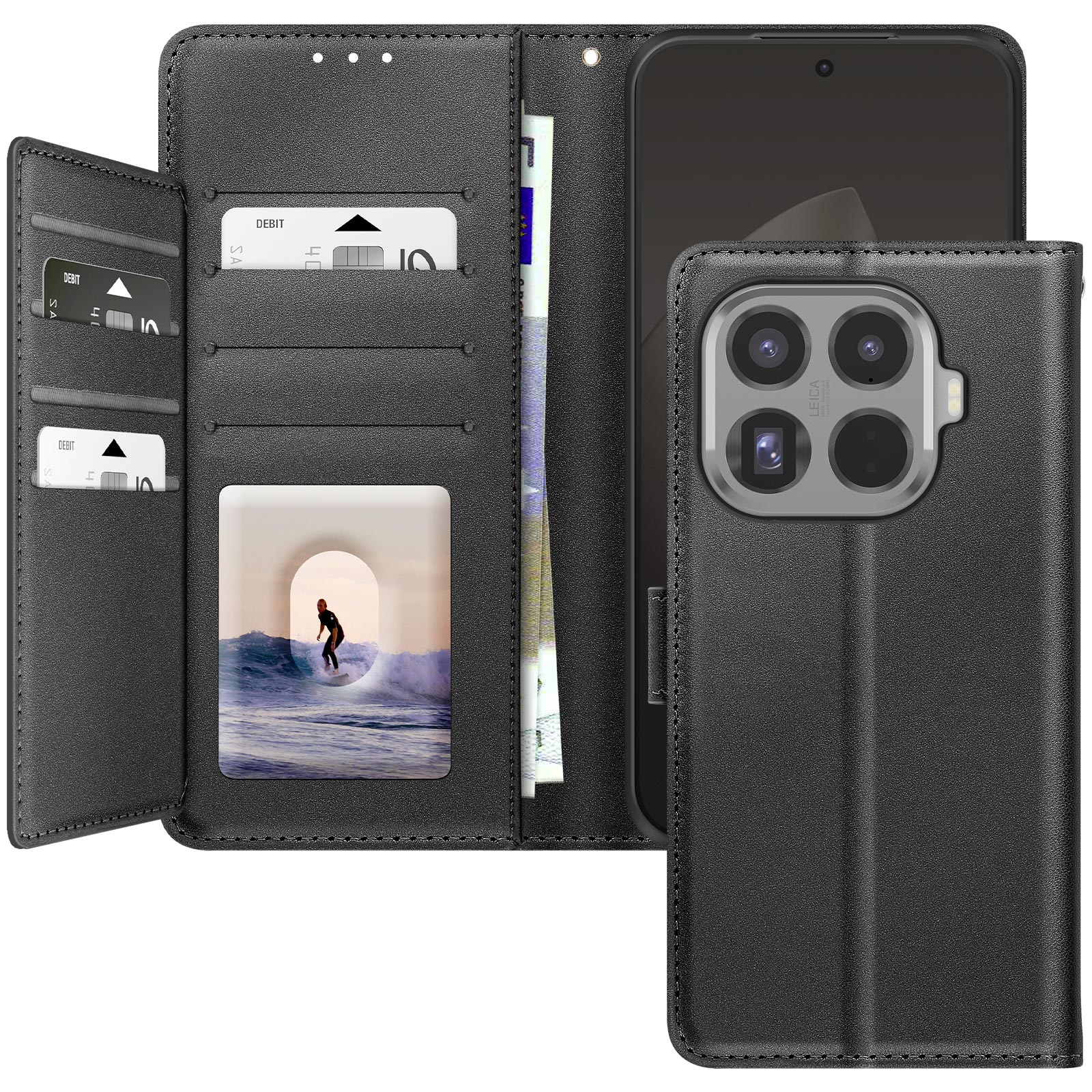 Custodia per telefono nera con portafoglio. Carte e denaro sono nel portafoglio. Un surfista è sull'onda in un'immagine.