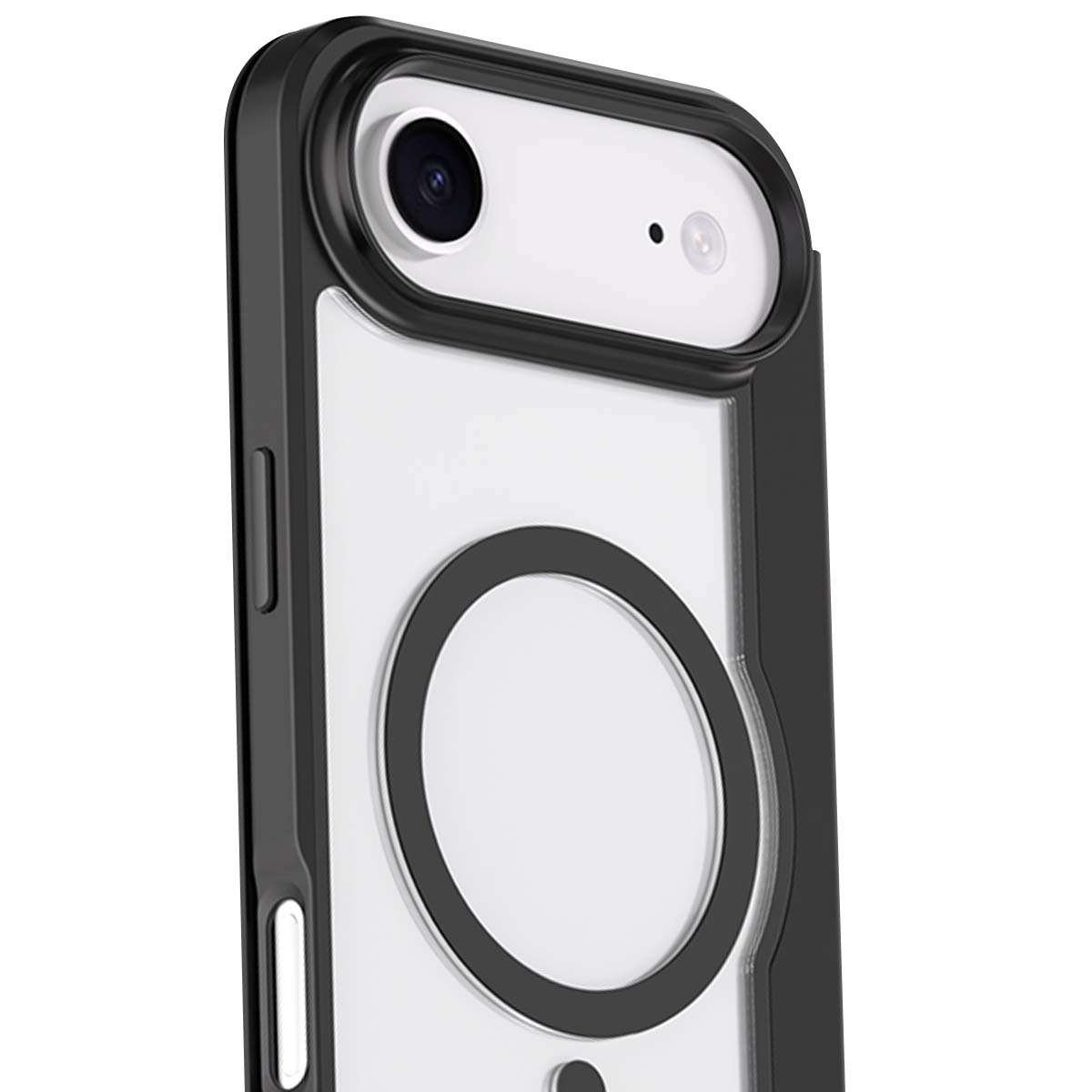 Primo piano di una custodia per telefono. La custodia è nera e trasparente con un ritaglio per la fotocamera e un design circolare sul retro.