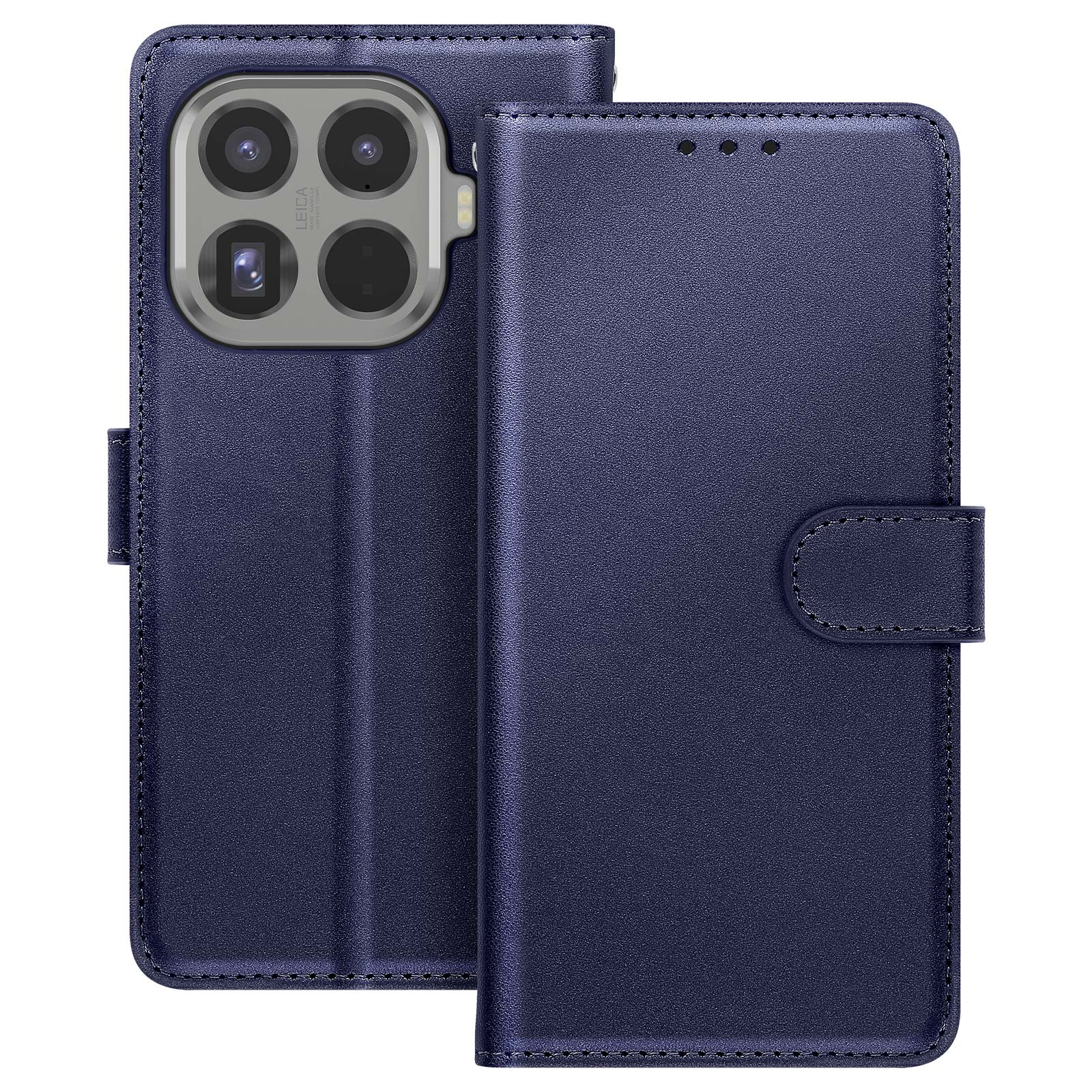 Custodia per telefono in pelle blu con più lenti della fotocamera visibili. La custodia è aperta, mostrando il telefono.