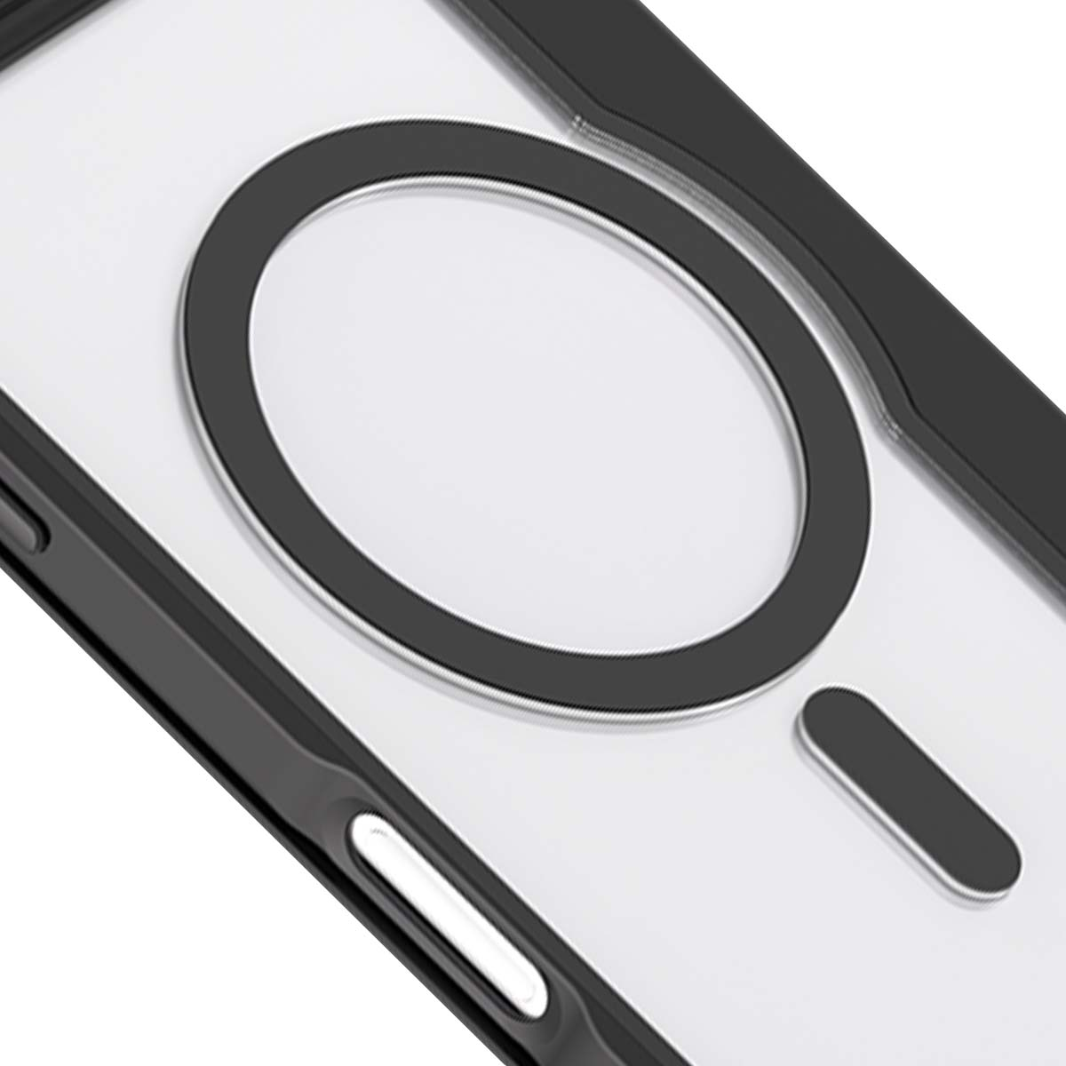 Primo piano di una custodia trasparente per telefono con un design magnetico circolare nero e un design rettangolare nero.