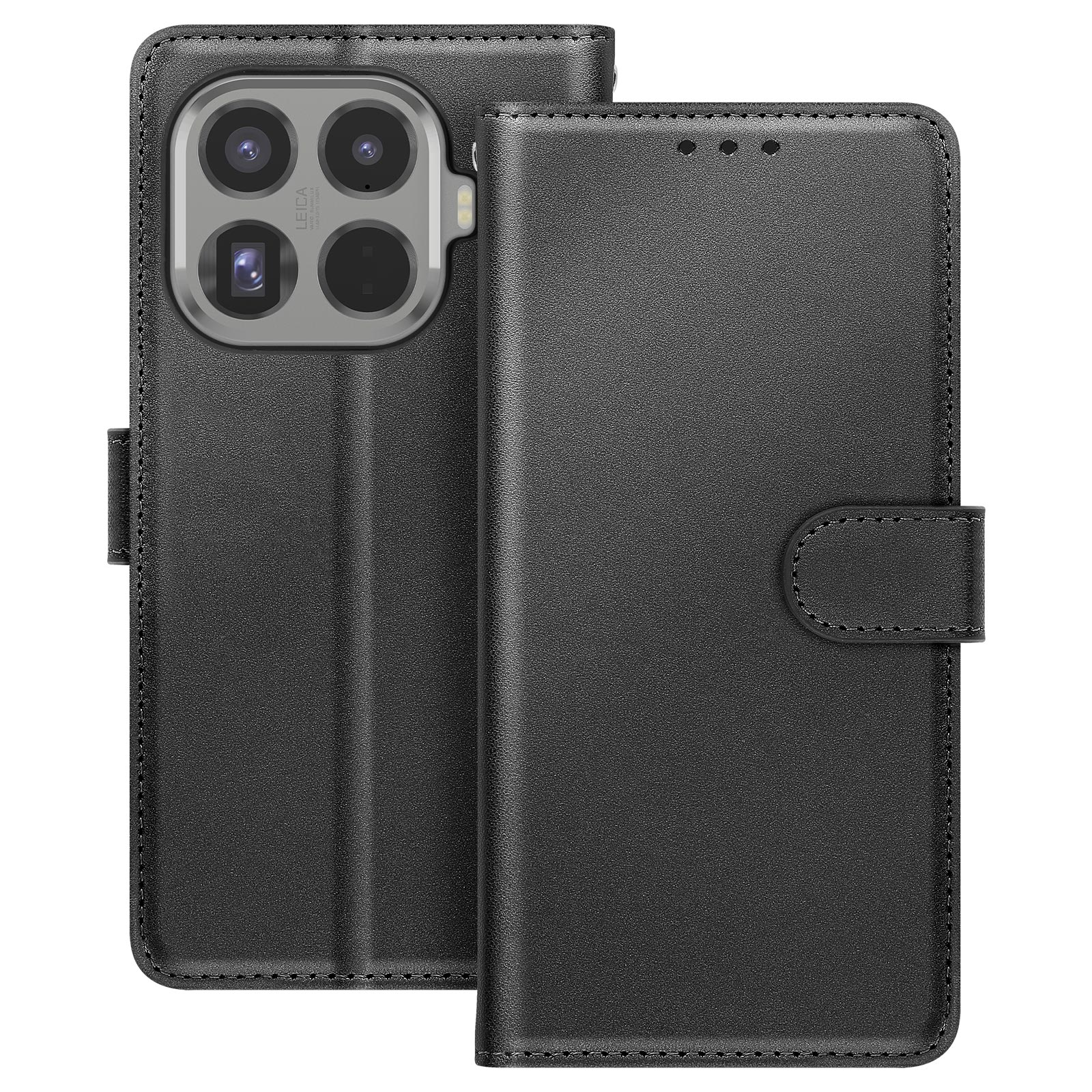 Custodia per telefono in pelle nera, con un ritaglio per la fotocamera. La custodia si chiude con un fermaglio magnetico.