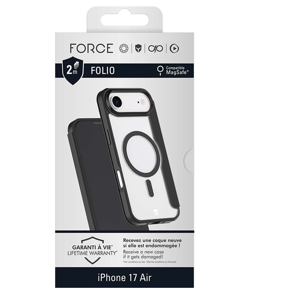 Una scatola per custodia del telefono con iPhone e custodia visibili. Testi: FORCE, FOLIO, MagSafe, Garanzia a vita e iPhone 17 Air.