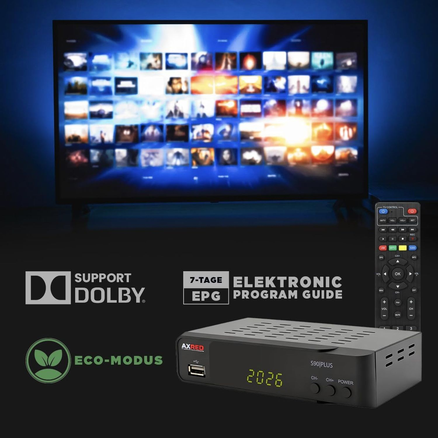 Ein Fernseher mit Programmführer, mit einer Set-Top-Box, Fernbedienung und Dolby- und Öko-Modus-Logos.