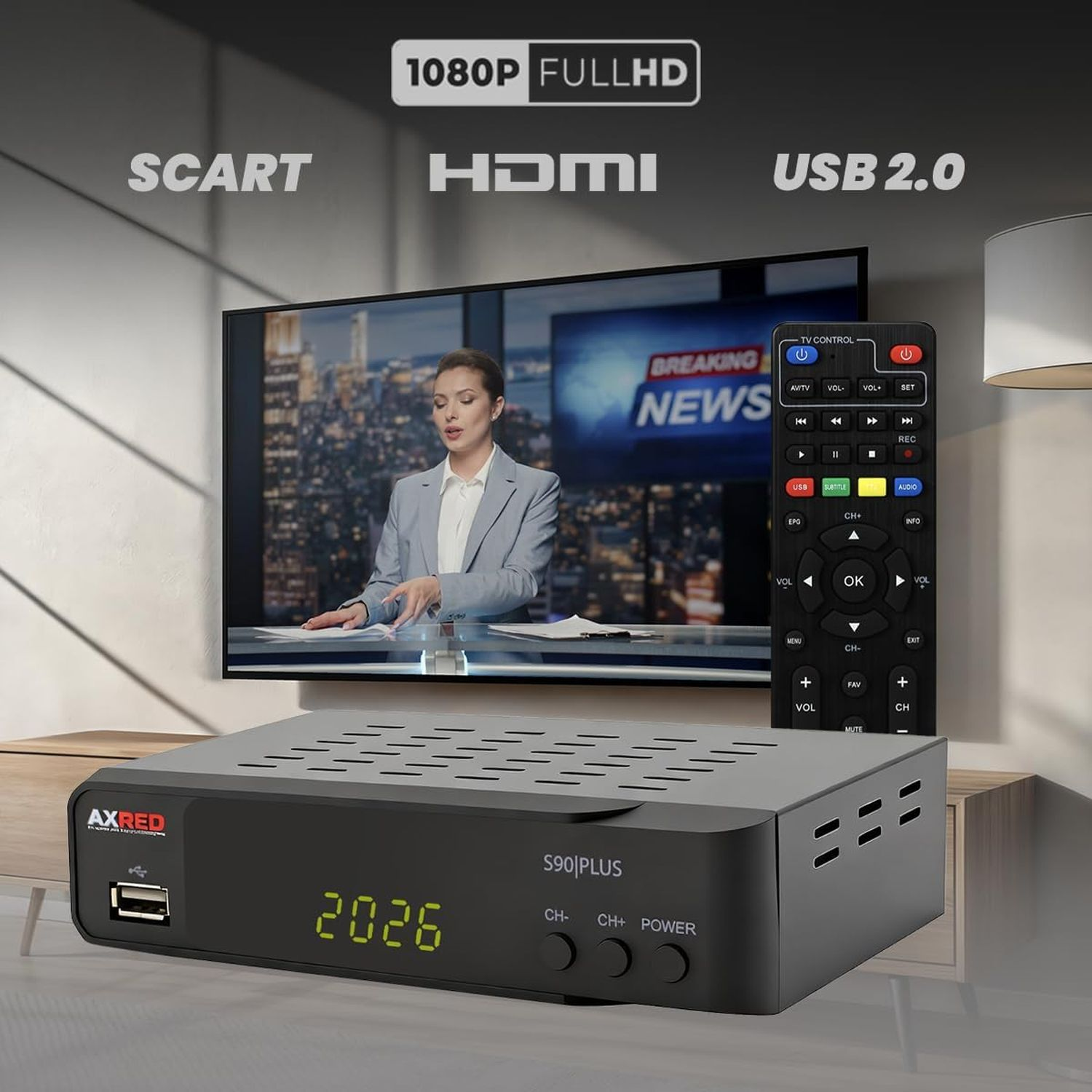 Eine TV-Set-Top-Box, Fernbedienung und Fernseher, der Nachrichten anzeigt. Die Box zeigt '2026' und hat USB. Die Fernbedienung hat Knöpfe.