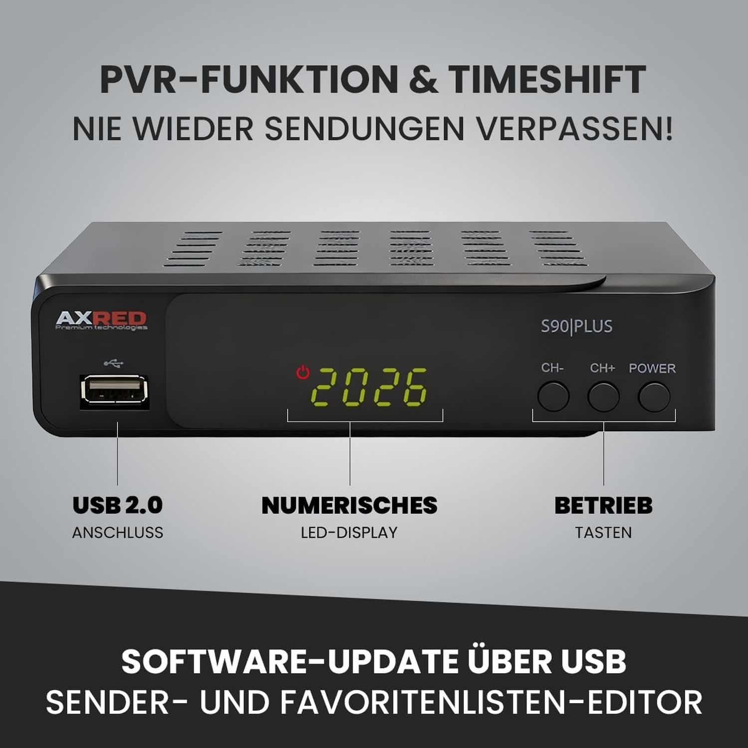 Schwarze Set-Top-Box mit grüner Digitalanzeige 2026. USB-Anschluss, Tasten und Text auf Deutsch. "PVR-Funktion & Timeshift".