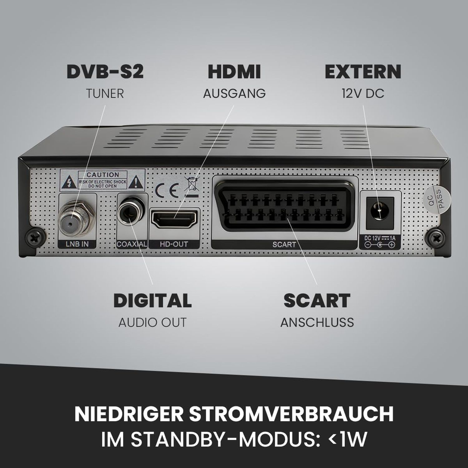 Schwarzer Digitalreceiver mit mehreren Anschlüssen, einschließlich HDMI und SCART, beschriftet DVB-S2, mit geringem Stromverbrauch.