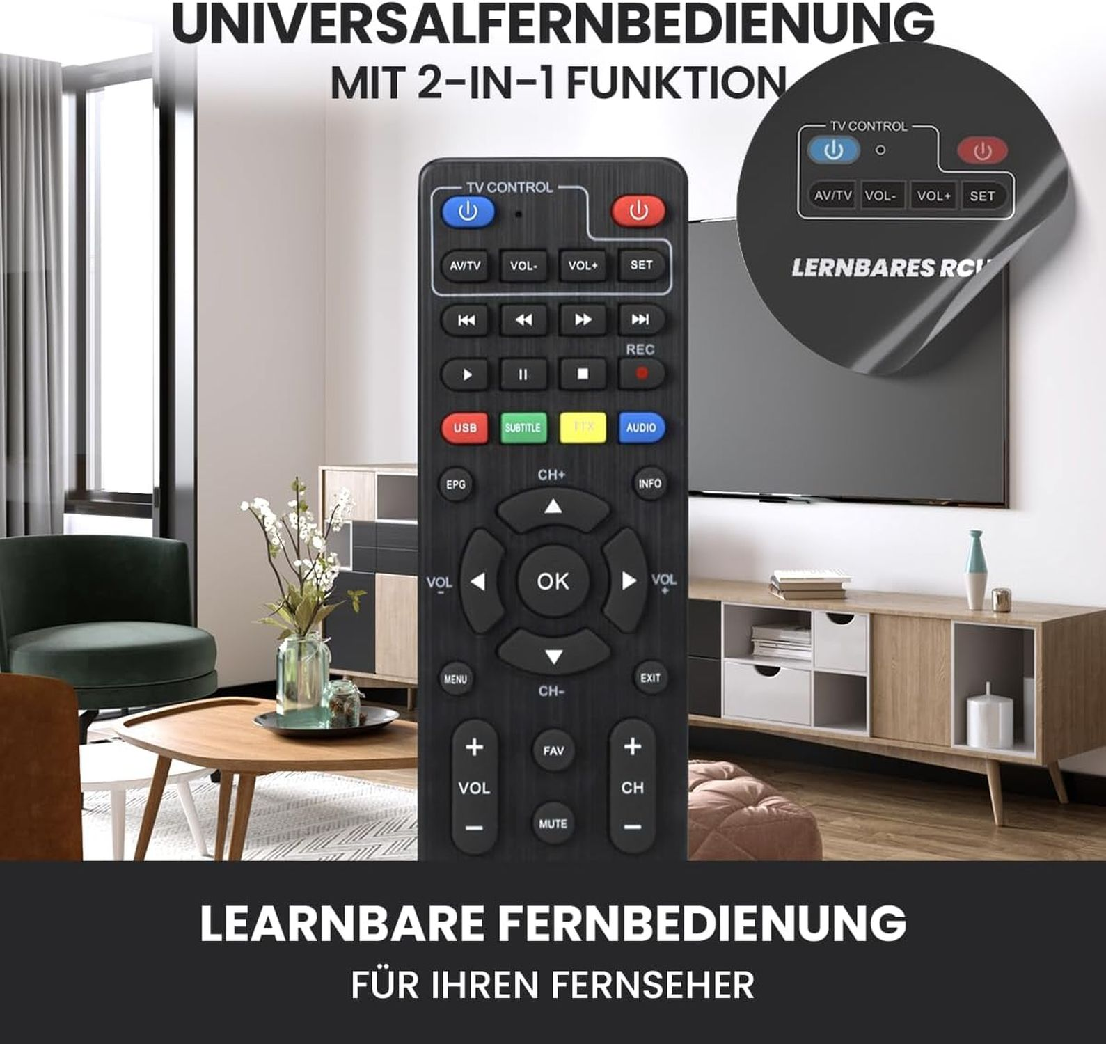Eine schwarze Fernbedienung mit vielen Knöpfen im Fokus. Ein Fernseher und ein Wohnzimmer mit Möbeln im Hintergrund.