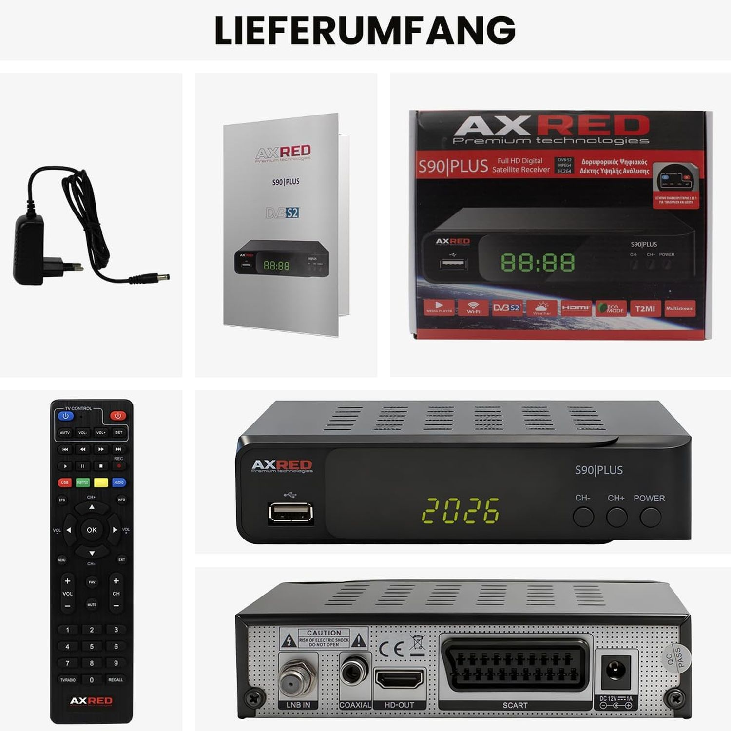 Das Bild zeigt eine Satellitenreceiver-Verpackung mit Komponenten: Receiver, Fernbedienung, Netzteil und Handbuch.