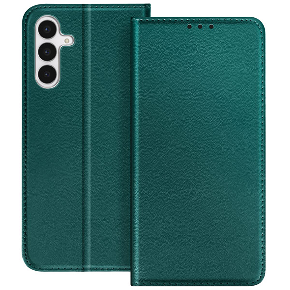 Étui de téléphone vert ouvert, montrant l'appareil photo du téléphone. L'étui est en matériau texturé.