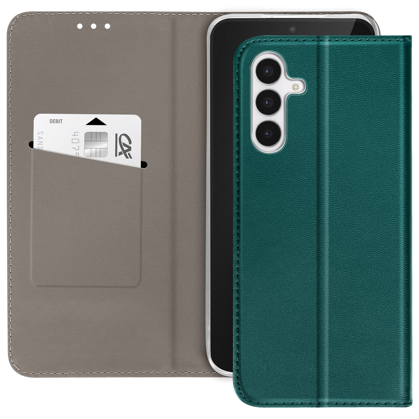 Un étui de téléphone vert avec un téléphone à l'intérieur. Une carte de crédit est dans une poche. L'étui est ouvert.