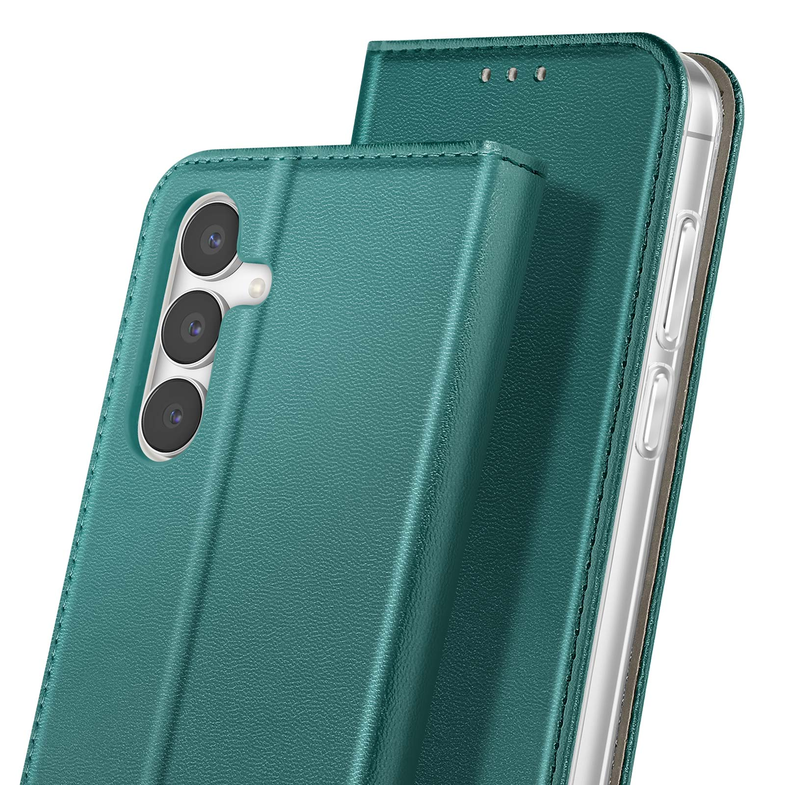 Étui de téléphone vert avec téléphone à l'intérieur. L'étui est ouvert, montrant la caméra et les boutons.