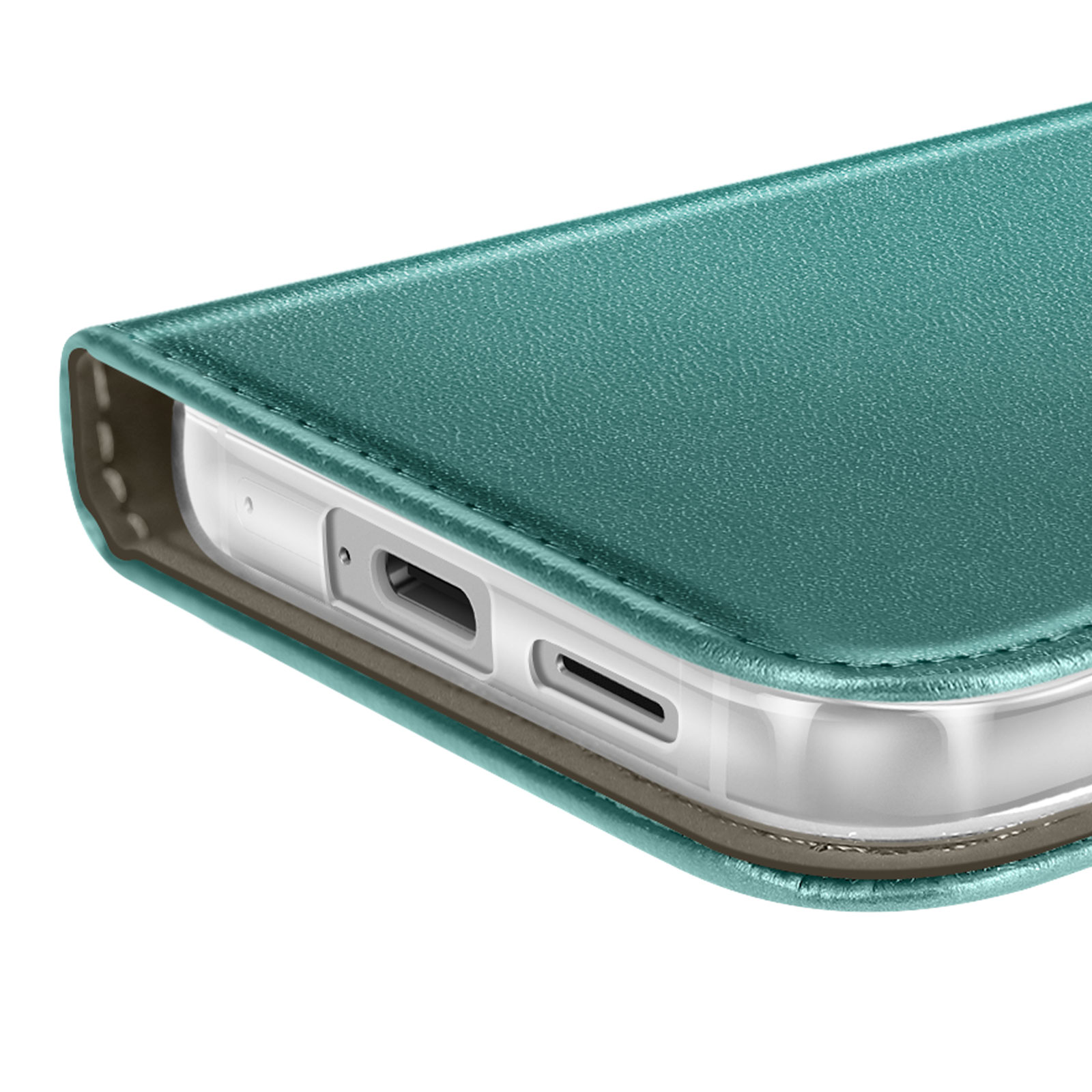 Gros plan sur un étui de téléphone bleu-vert avec un téléphone à l'intérieur. Ports et bords visibles. Fond blanc.