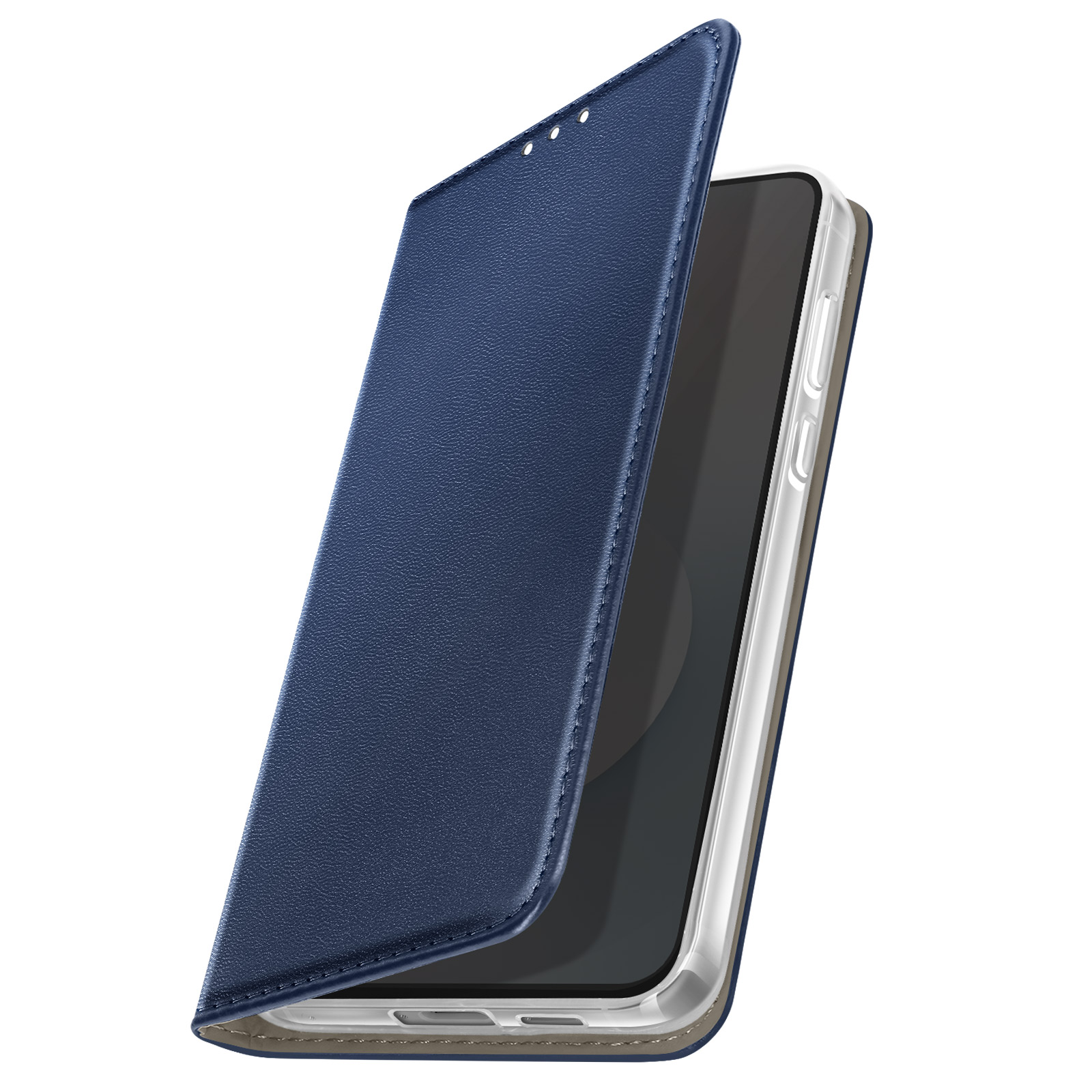 Étui de téléphone en cuir bleu ouvert, révélant l'écran. Fond blanc.