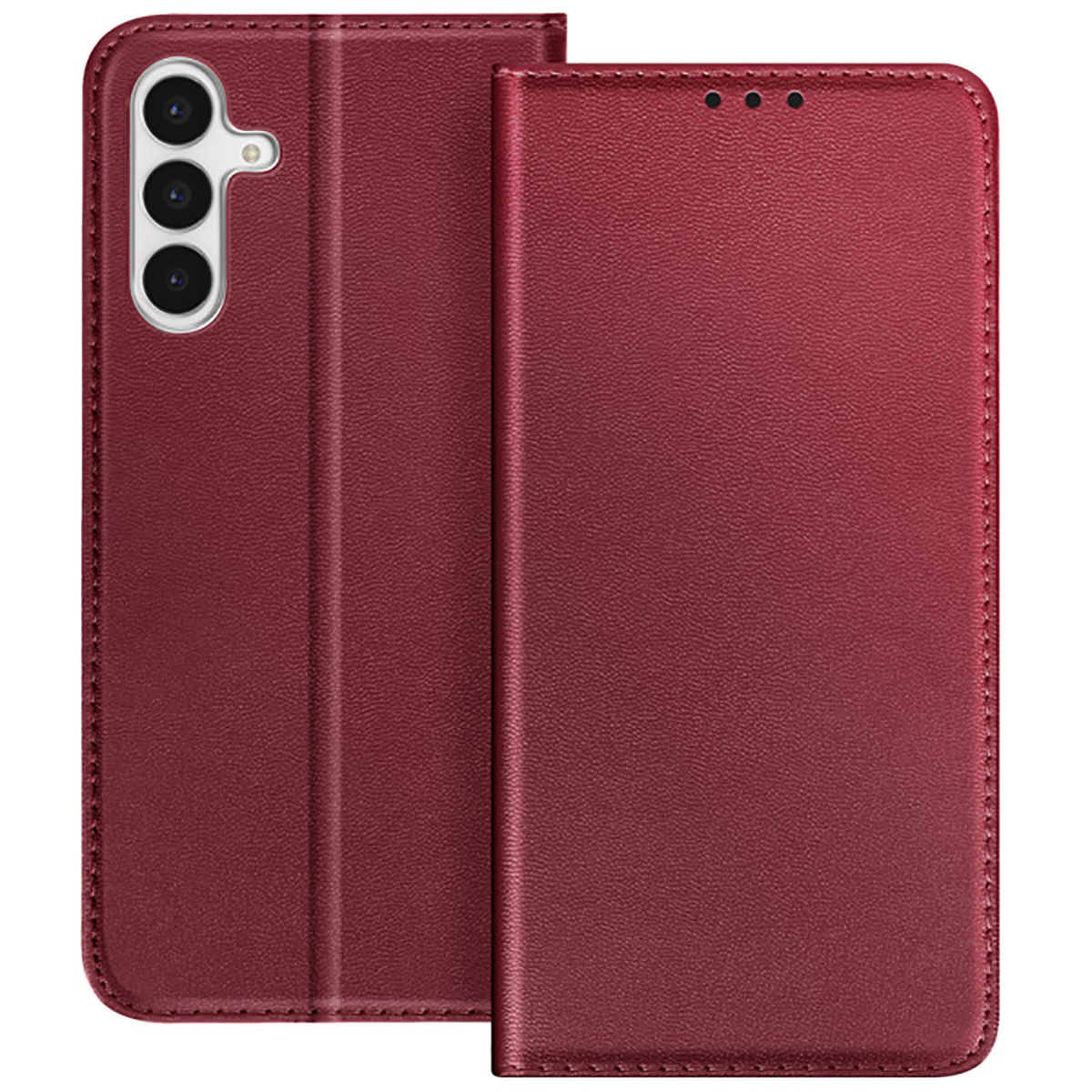 Un étui de téléphone bordeaux est ouvert, révélant le module caméra du téléphone. L'étui a une surface texturée et des bords cousus.