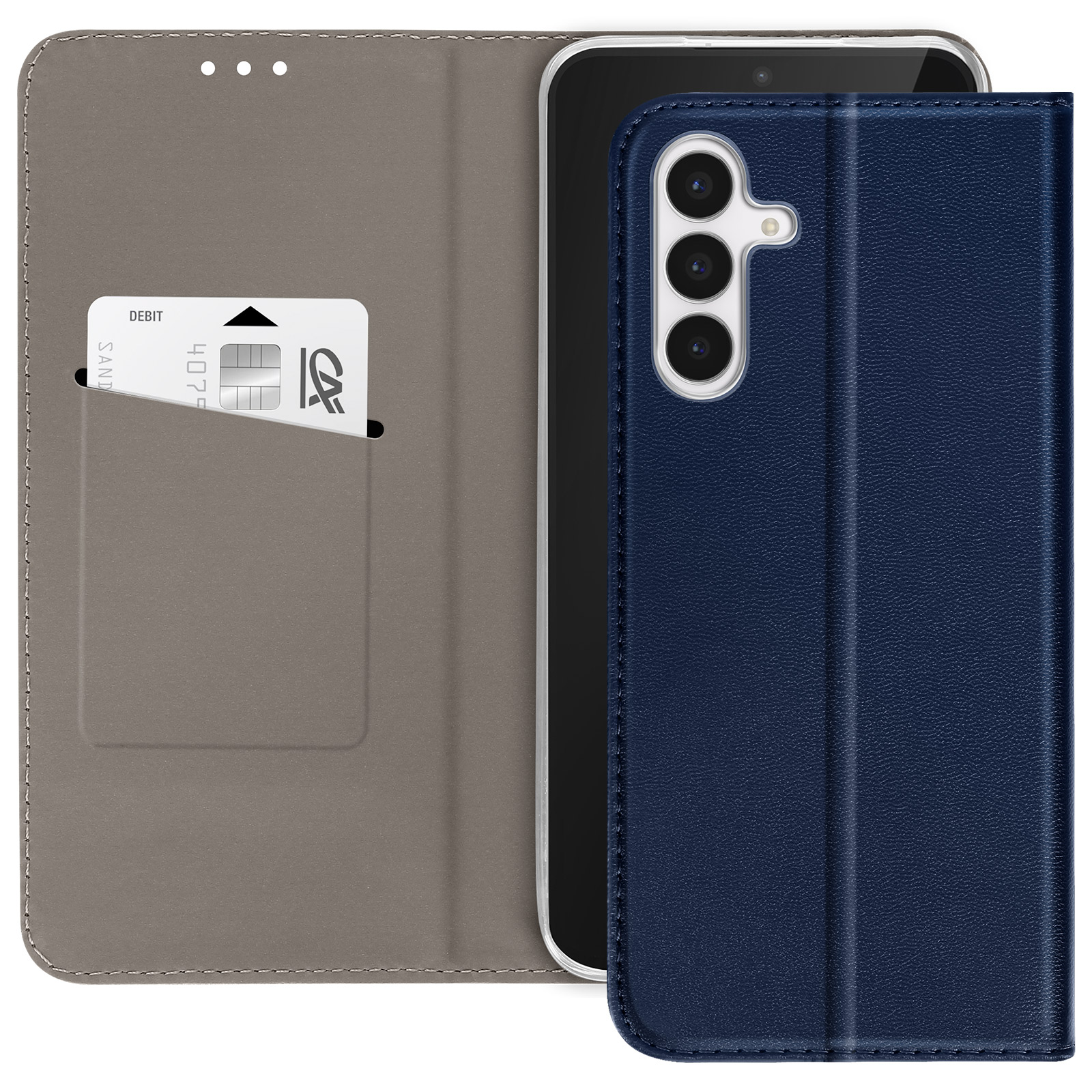 Un téléphone dans un étui bleu, avec une carte de crédit à l'intérieur. L'étui est ouvert.